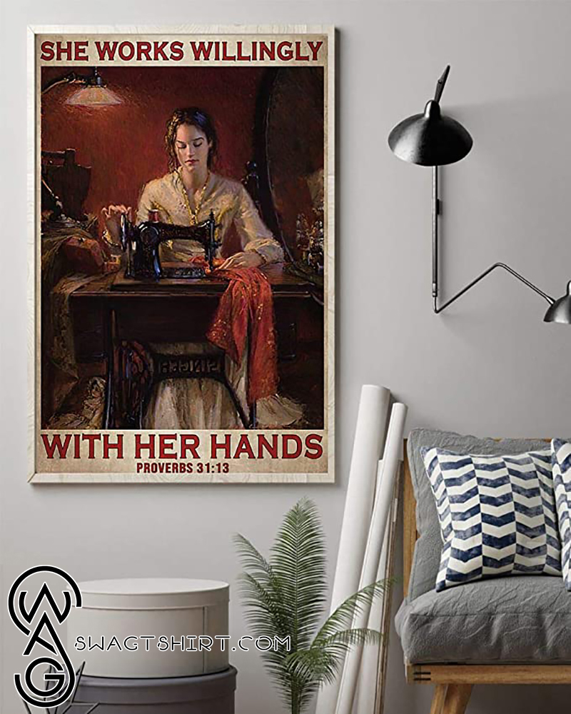 She works willingly with her hands sewing girl vintage poster