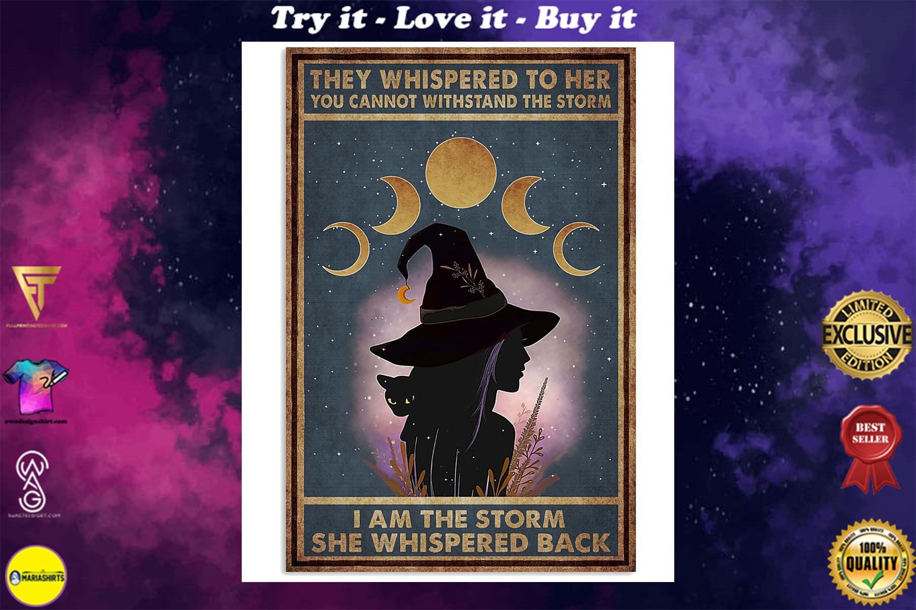 they whispered to her you can't withstand the storm witch girl and black cat retro poster
