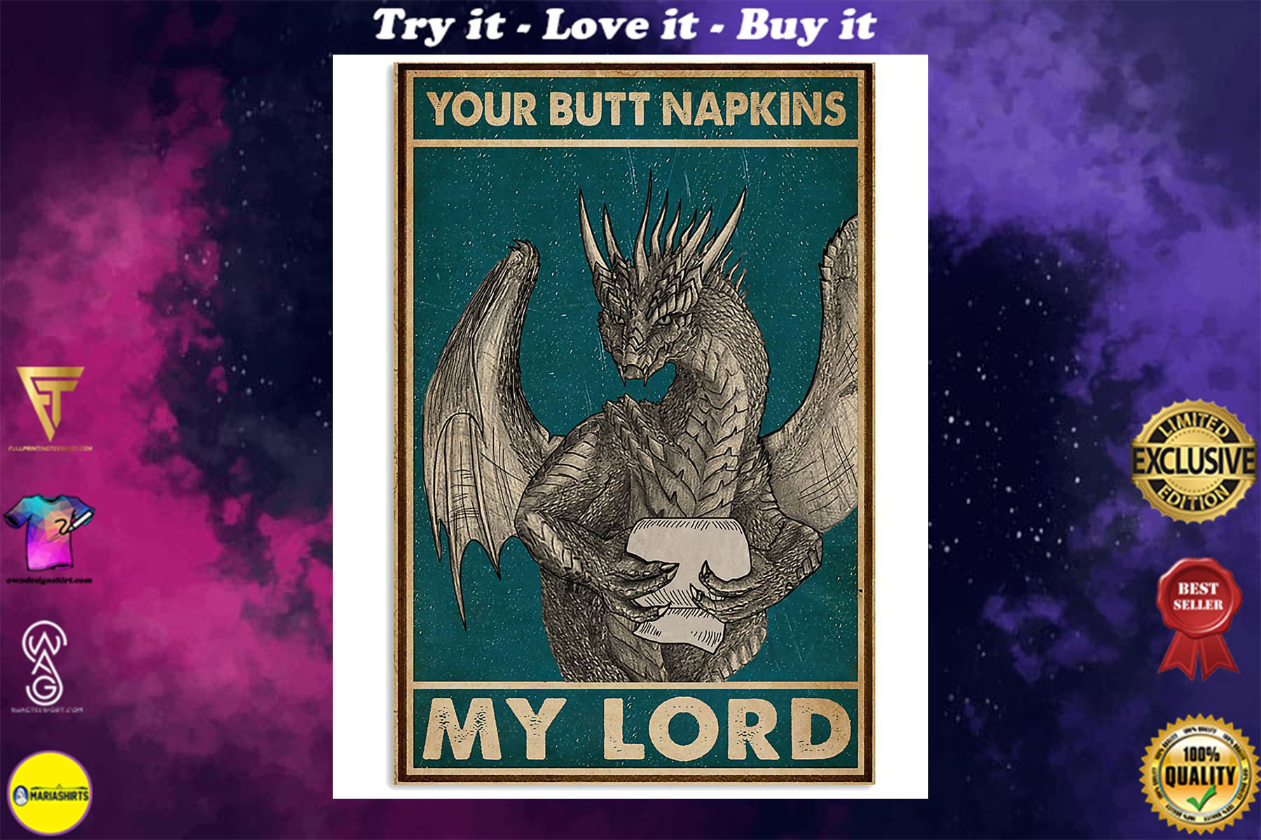 your butt napkins my lord dragon retro poster