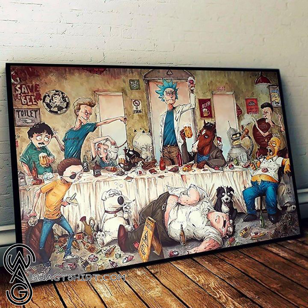 Rick and morty family guy the simpsons get drunk funny cartoon poster