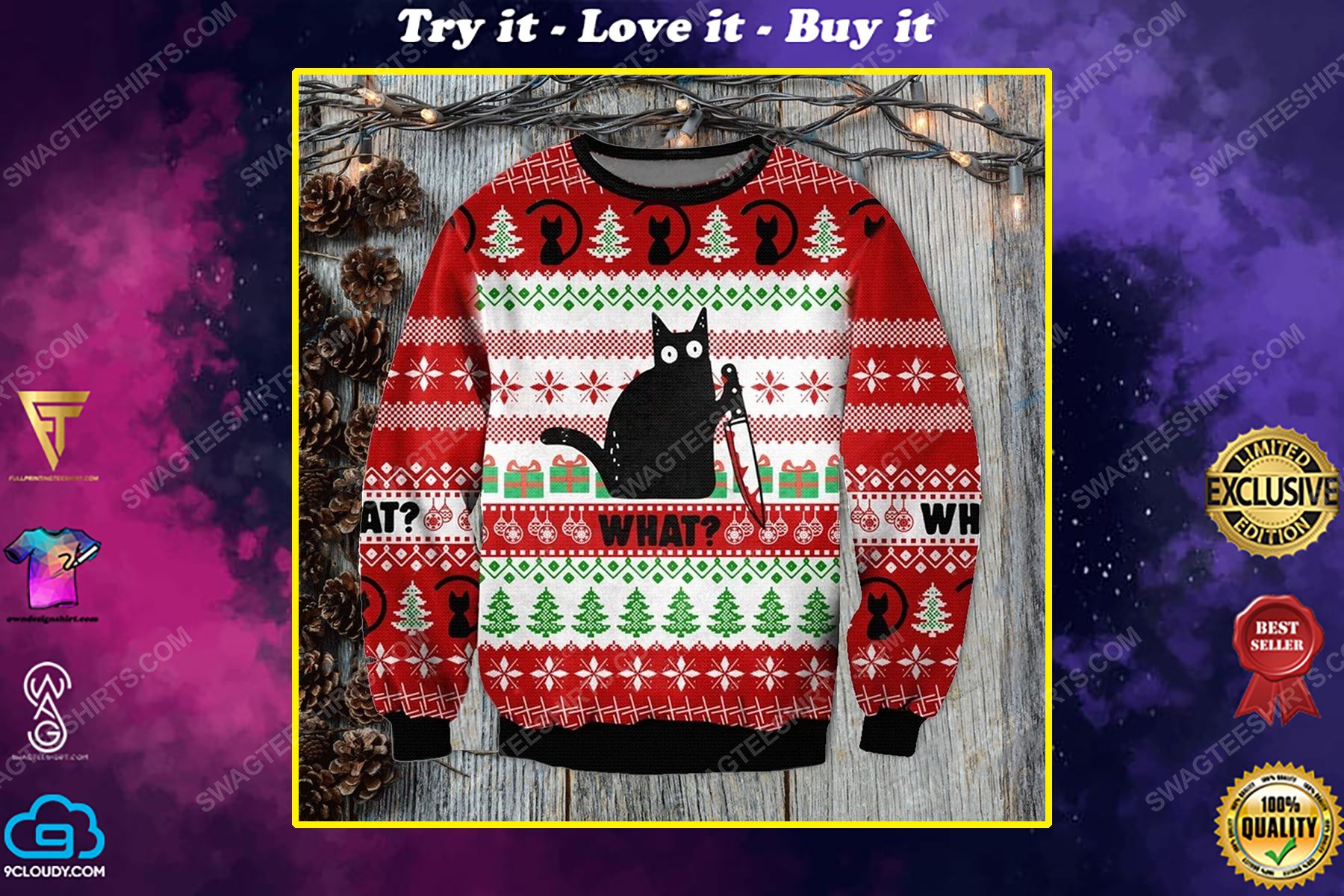 Black cat with the knife ugly christmas sweater 1