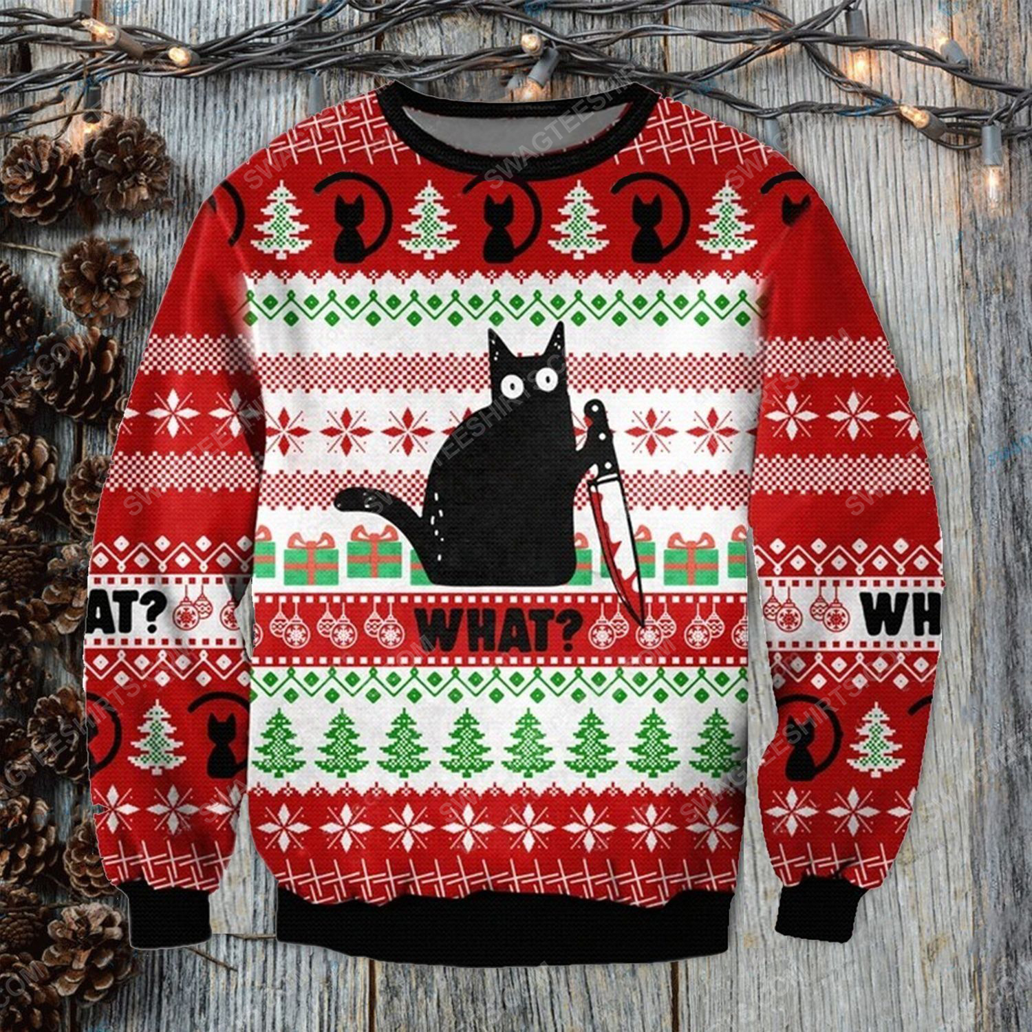 Black cat with the knife ugly christmas sweater
