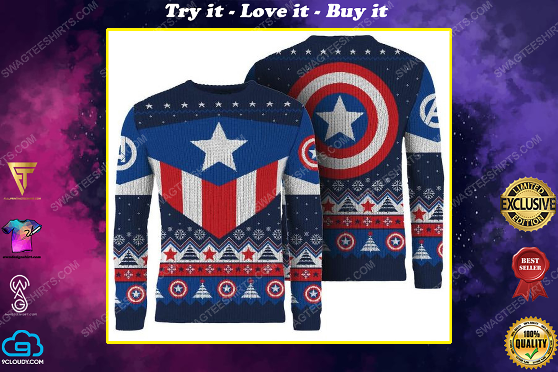 Christmas holiday captain america full print ugly christmas sweater