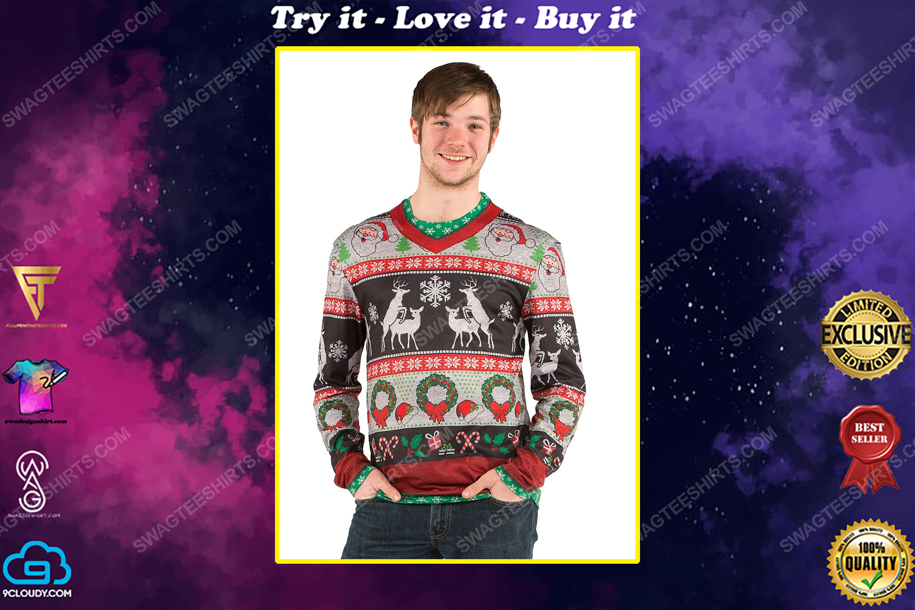 Christmas holiday frisky deer full print ugly christmas sweater