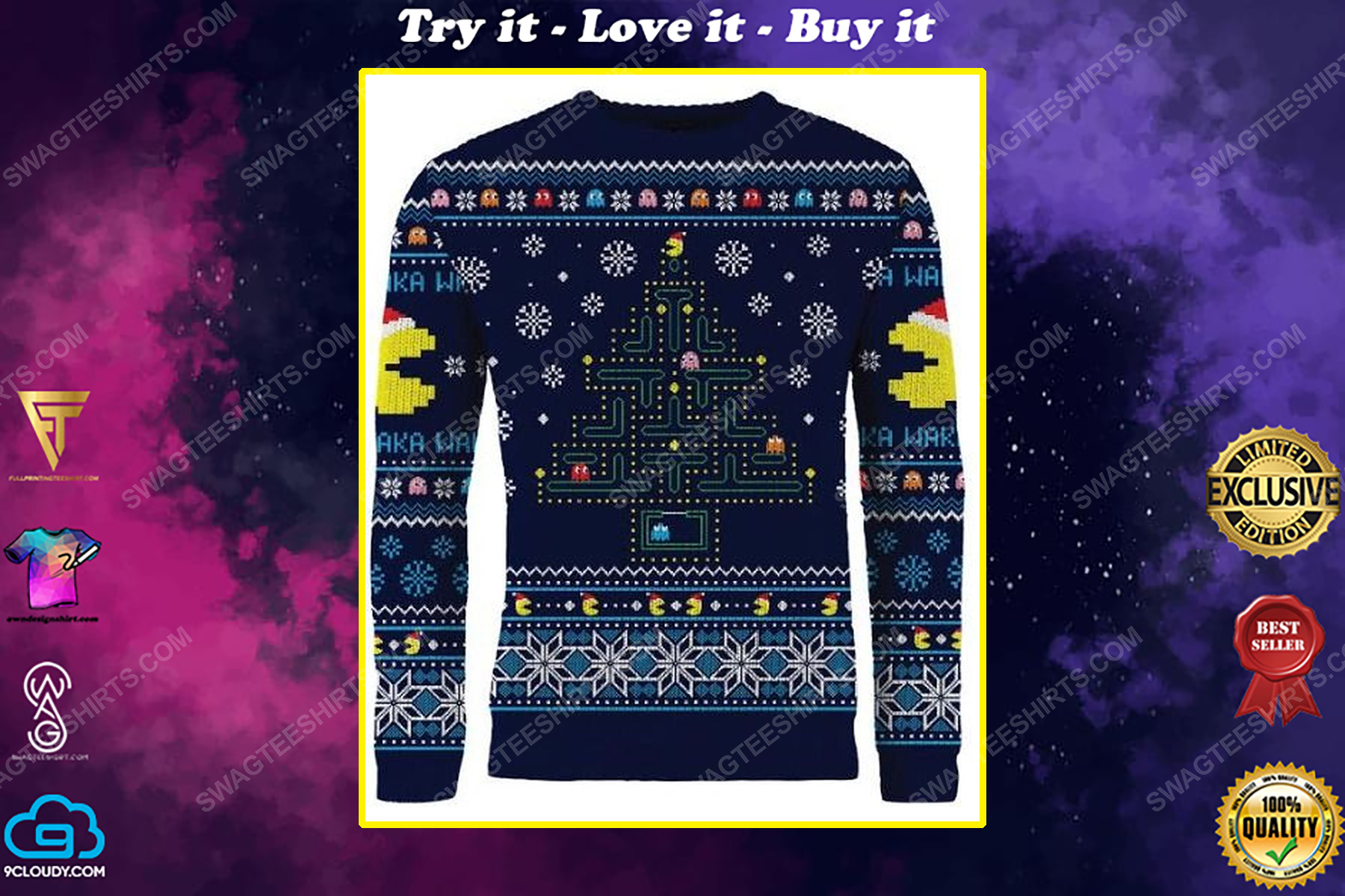 Christmas holiday pac-man full print ugly christmas sweater