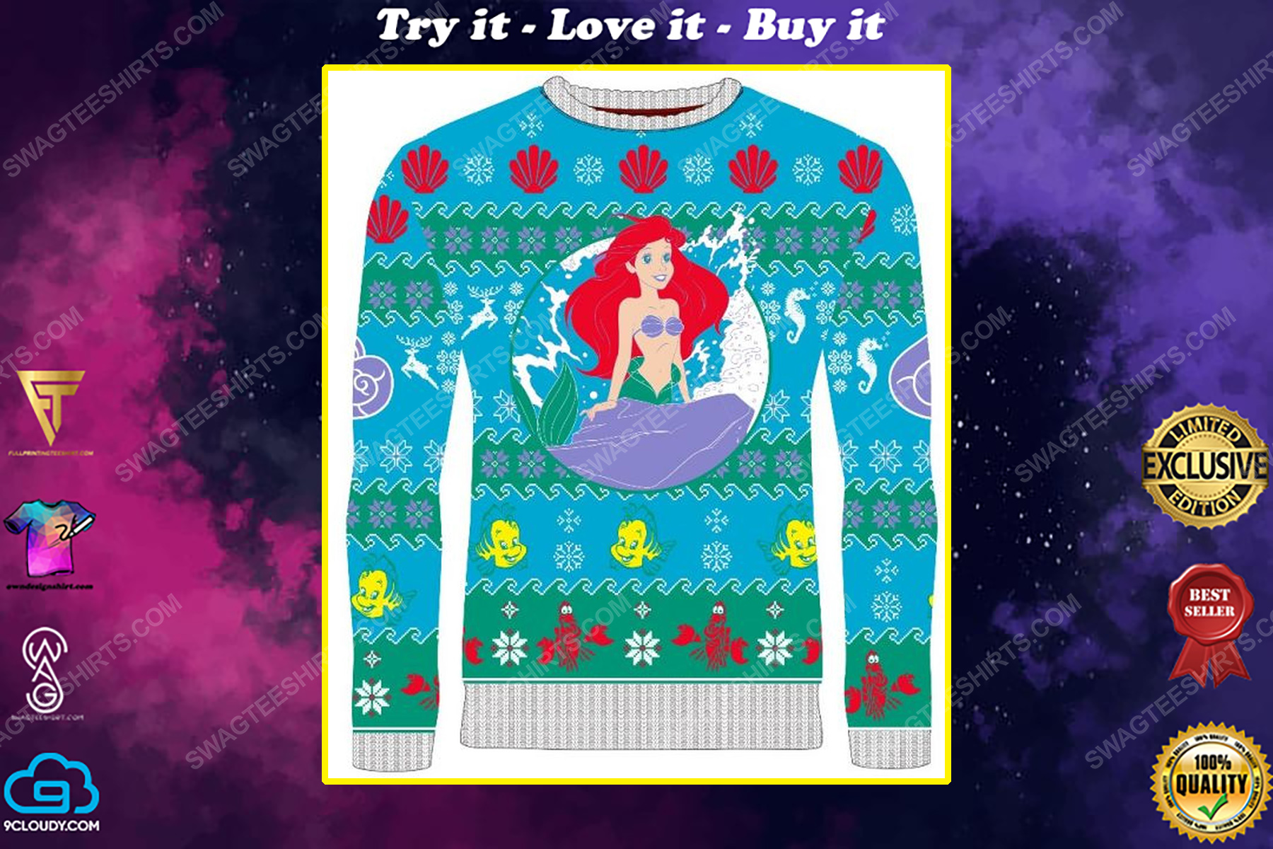 Christmas holiday the little mermaid full print ugly christmas sweater