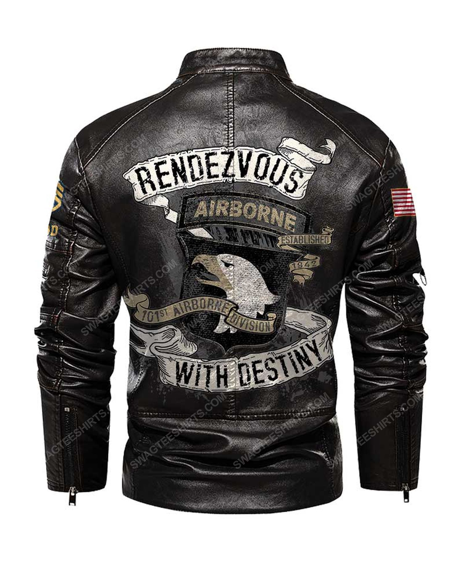 Custom airborne division rendezvous with destiny moto leather jacket - black