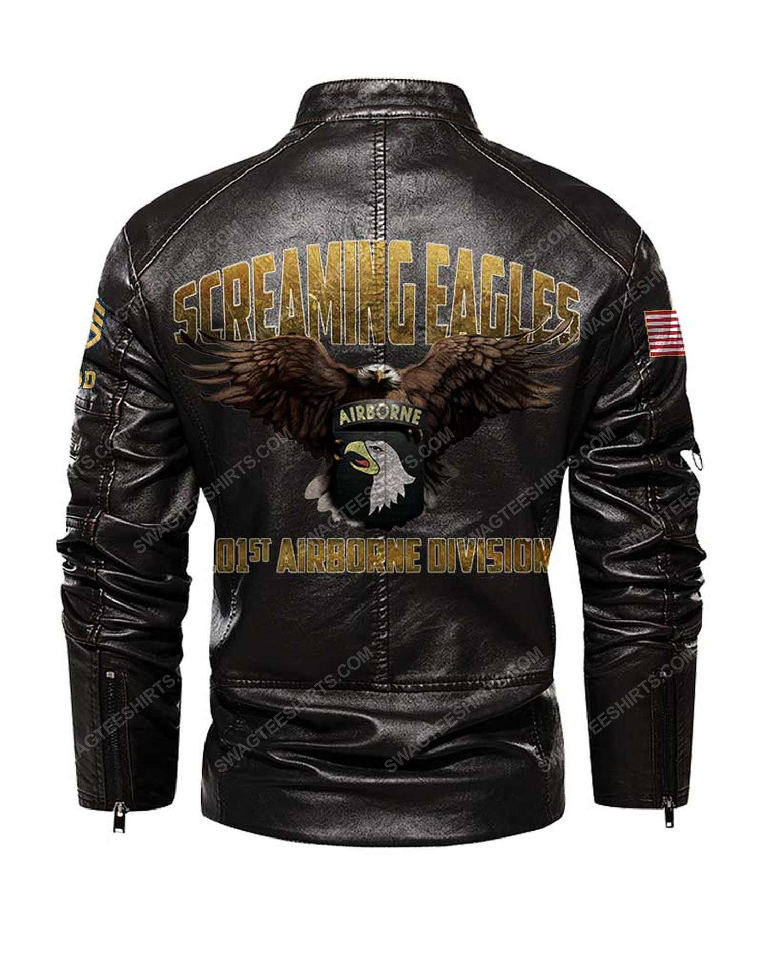 Custom airborne division screaming eagles moto leather jacket - black