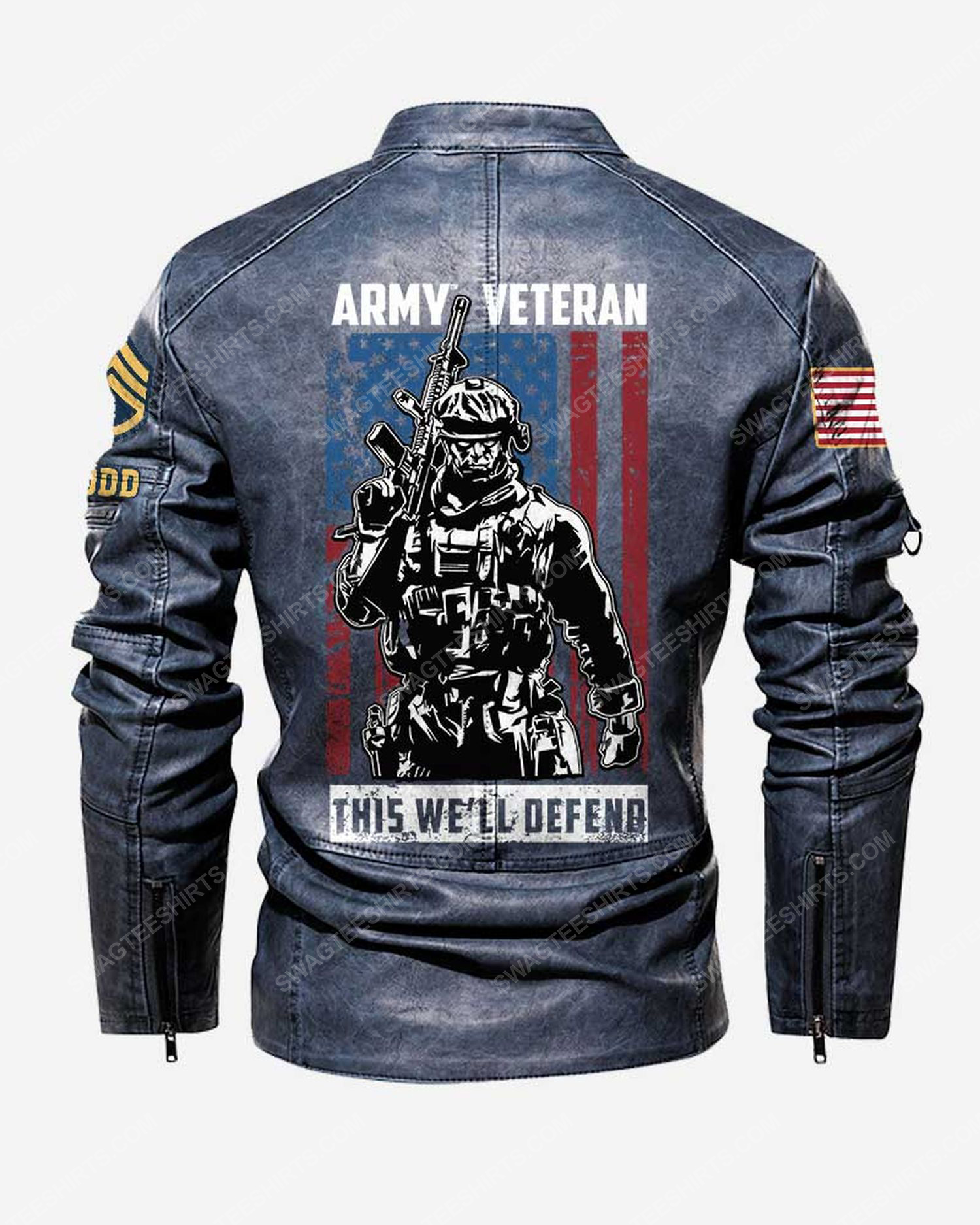 Custom army veteran this we'll defend moto leather jacket - blue