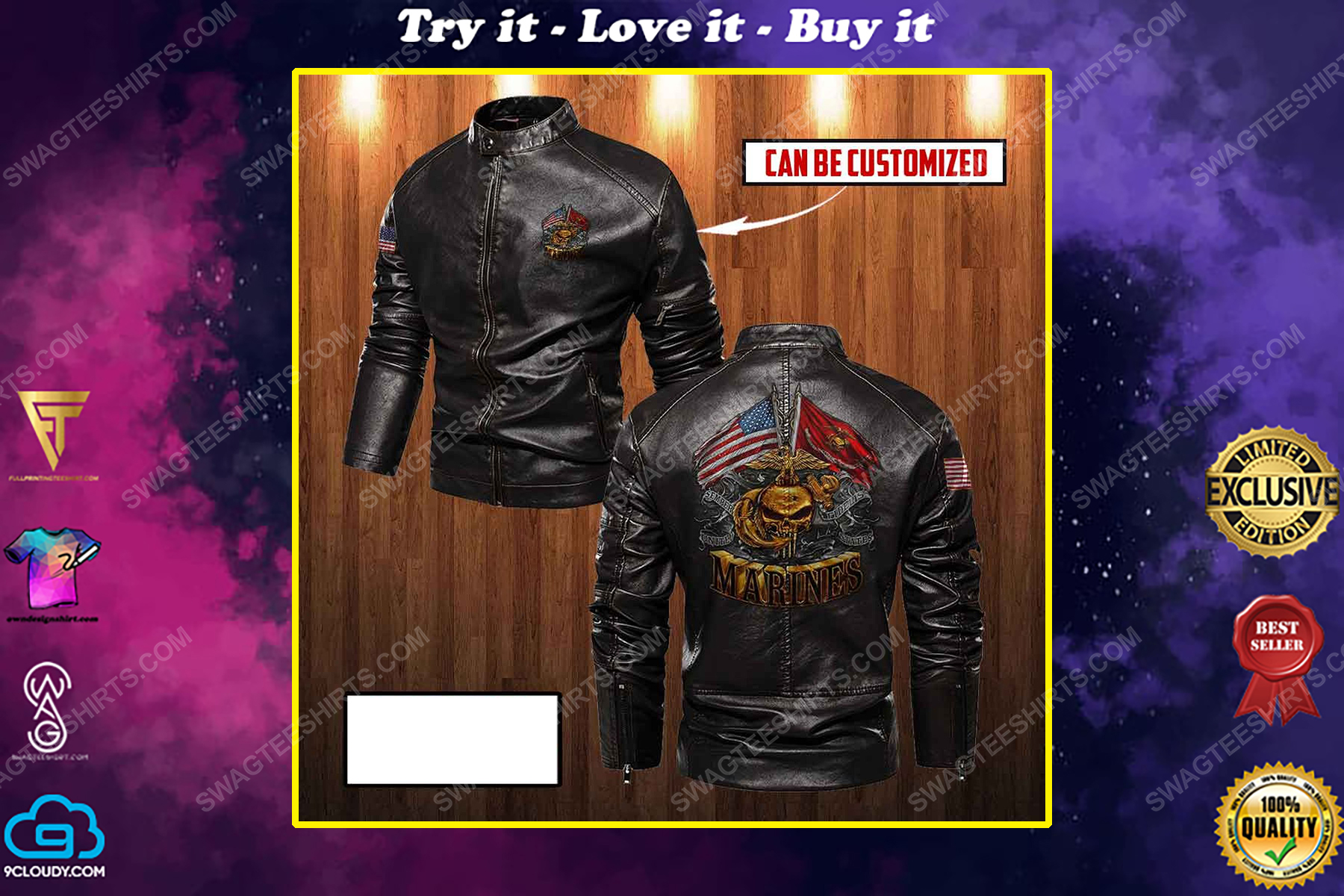 Custom skull marine corps double flag moto leather jacket