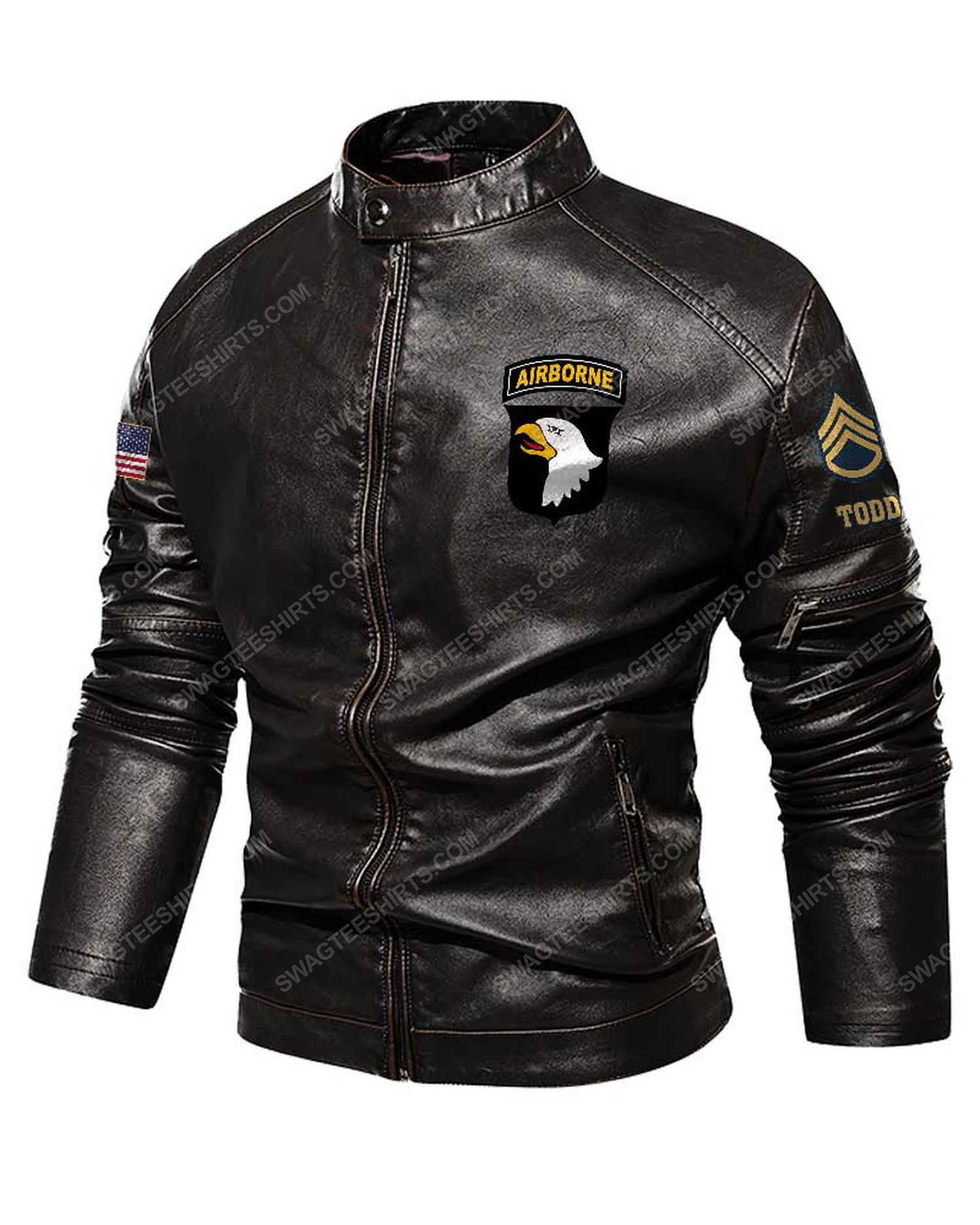 Custom united states army 101st airborne division screaming eagles moto leather jacket - black 1