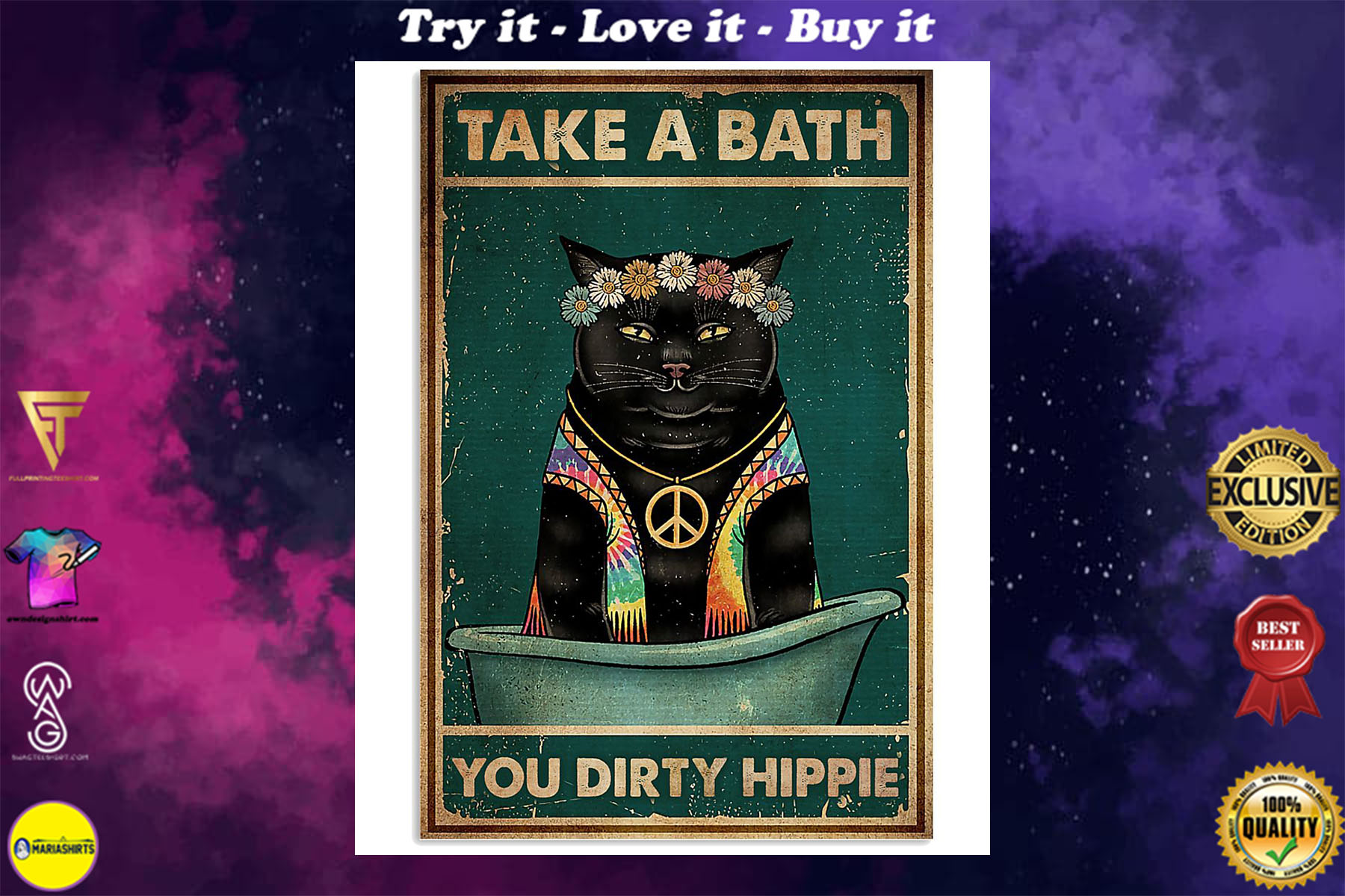 take a bath you dirty hippie black cat retro poster