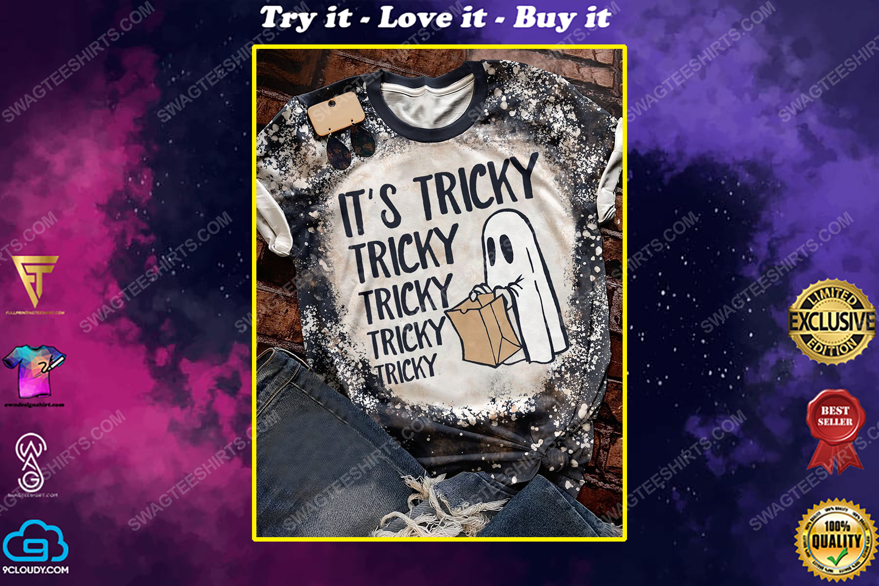 Halloween night and it's tricky ghost bleached shirt