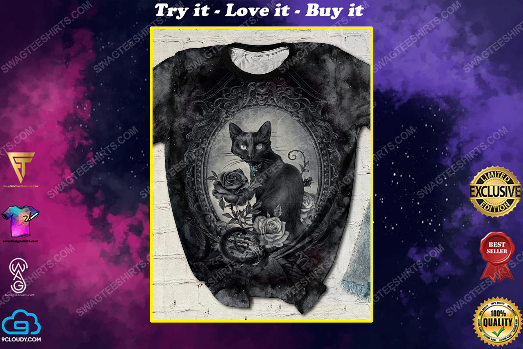 Halloween night black cat skull witch full print shirt