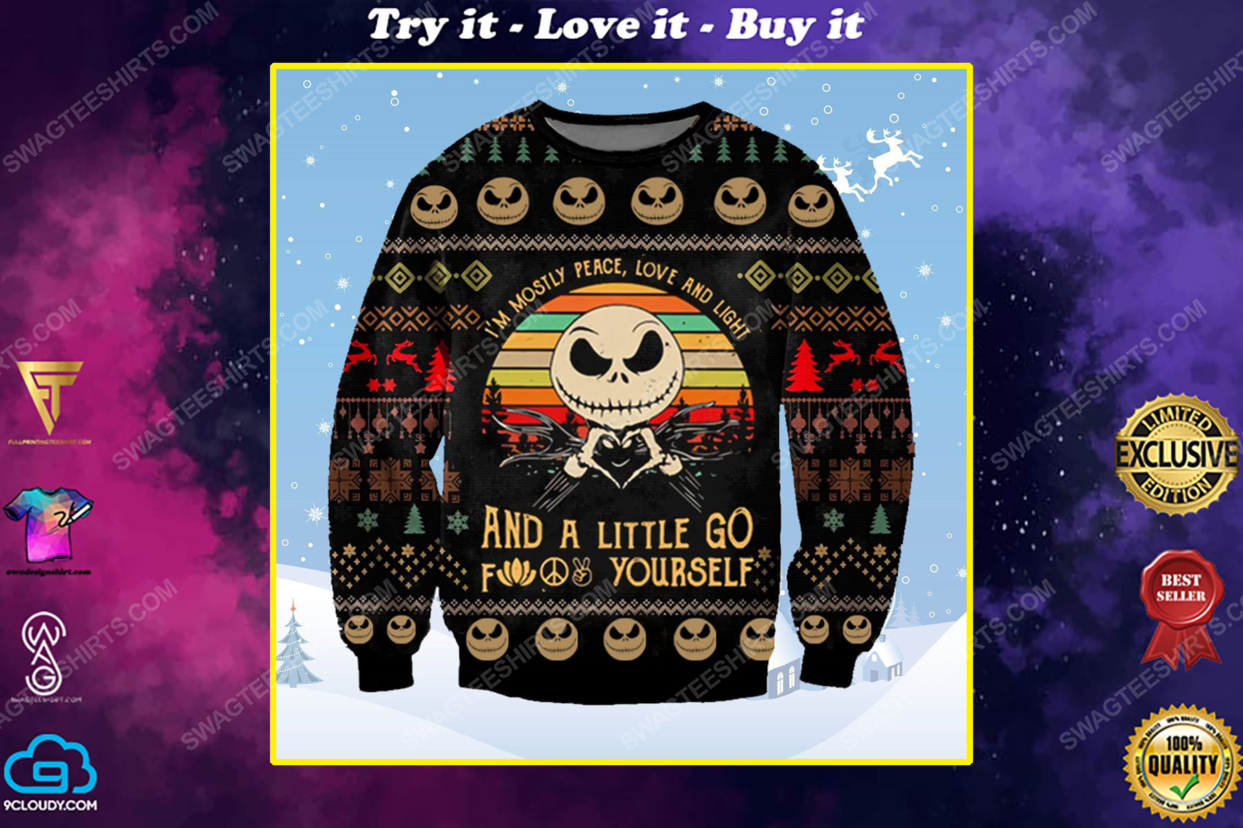 Jack skellington i'm mostly peace love and light ​ugly christmas sweater 1