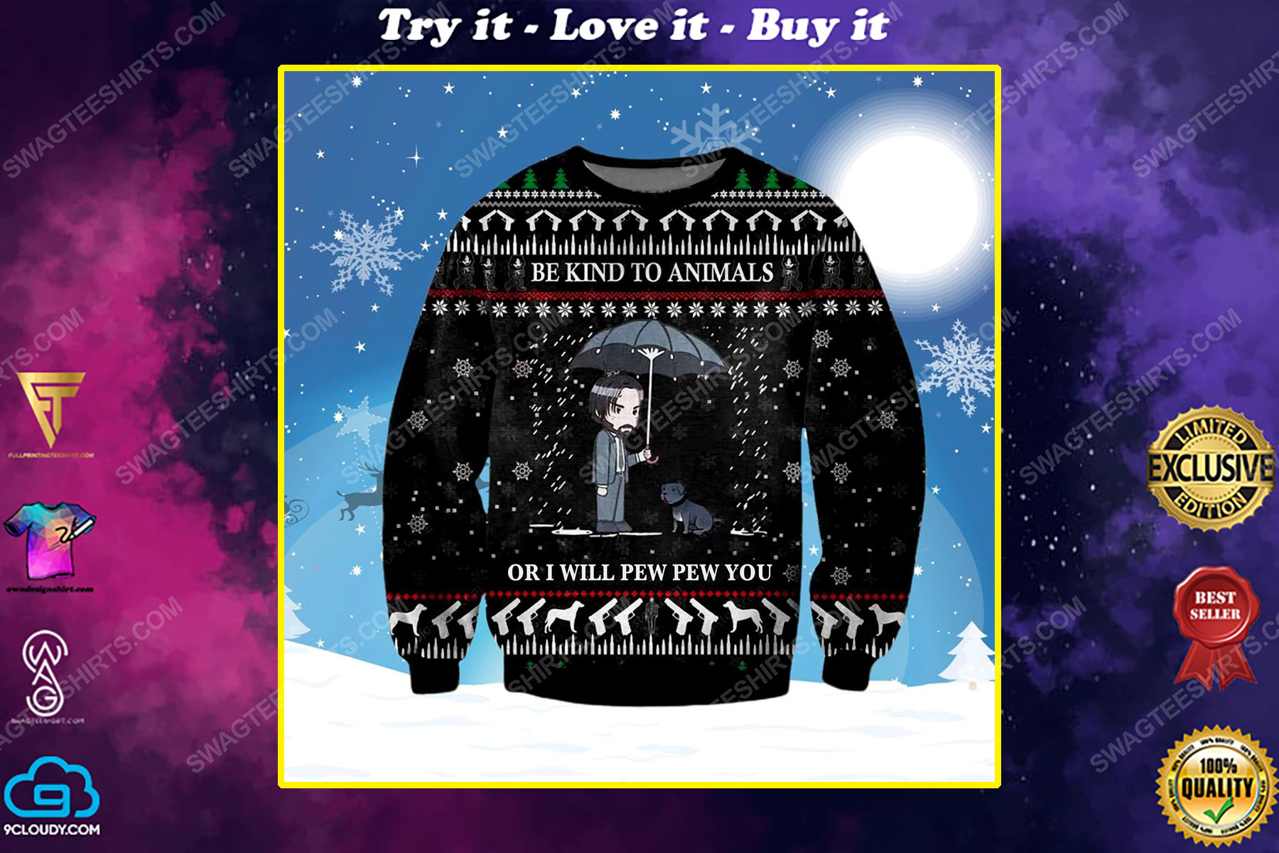 John wick be kind to animals ugly christmas sweater 1