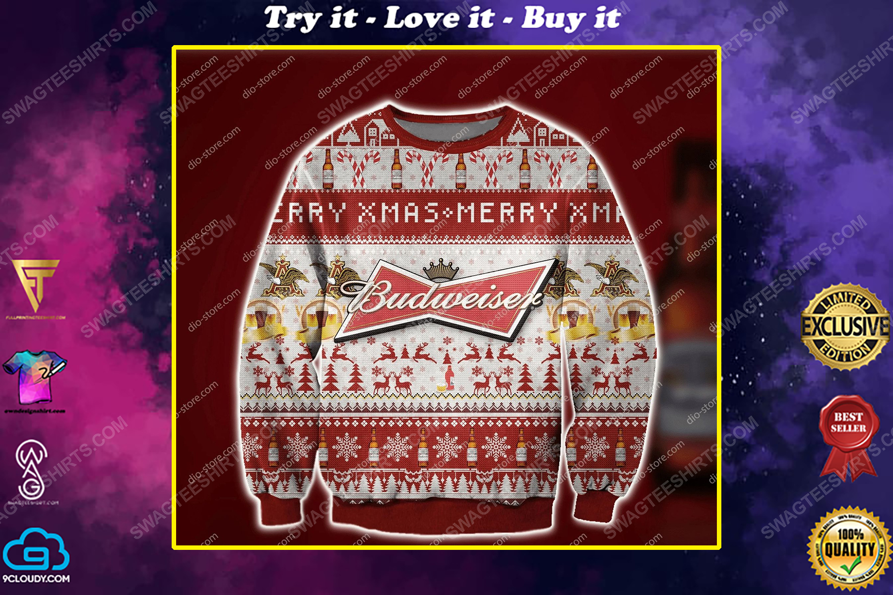 Merry xmas budweiser beer ugly christmas sweater 1