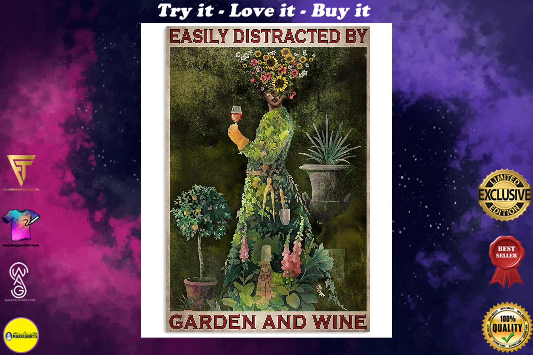 easily distracted by garden and wine retro poster