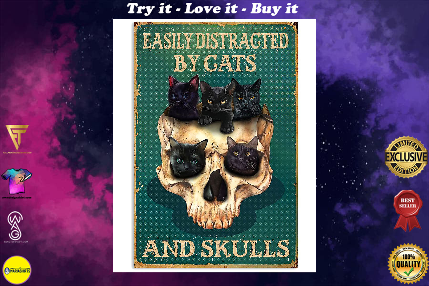 halloween easily distracted by cats and skulls retro poster