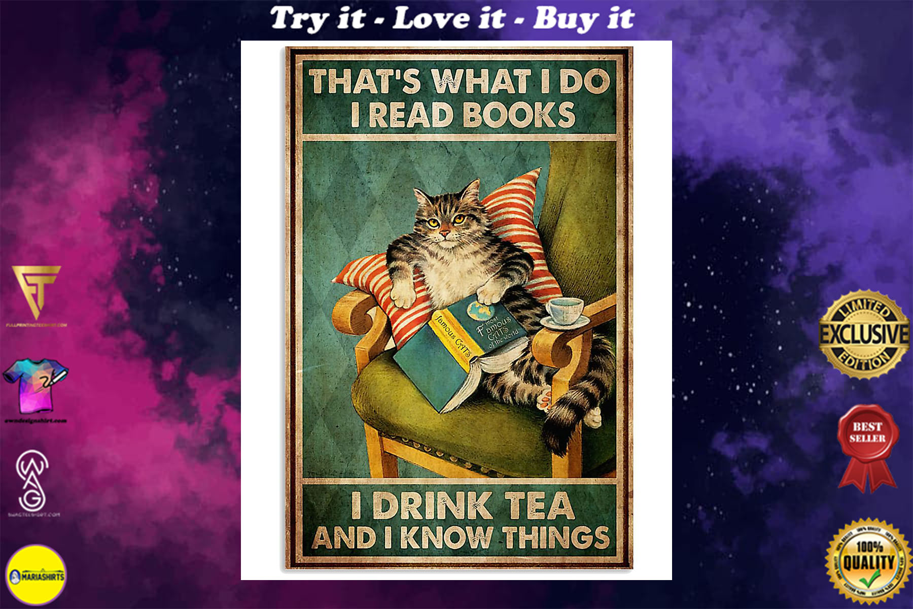 thats what i do i read books i drink tea and i know things cat retro poster