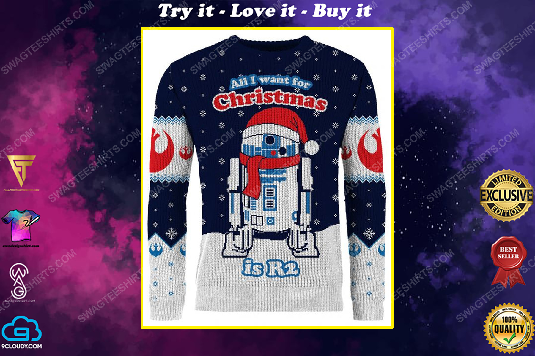 Star wars all i want for christmas is r2 full print ugly christmas sweater