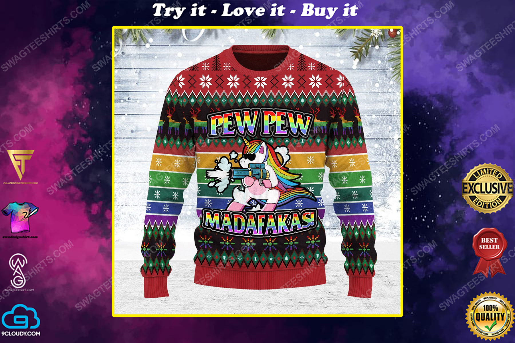 Unicorn pew pew madafakas ugly christmas sweater 1