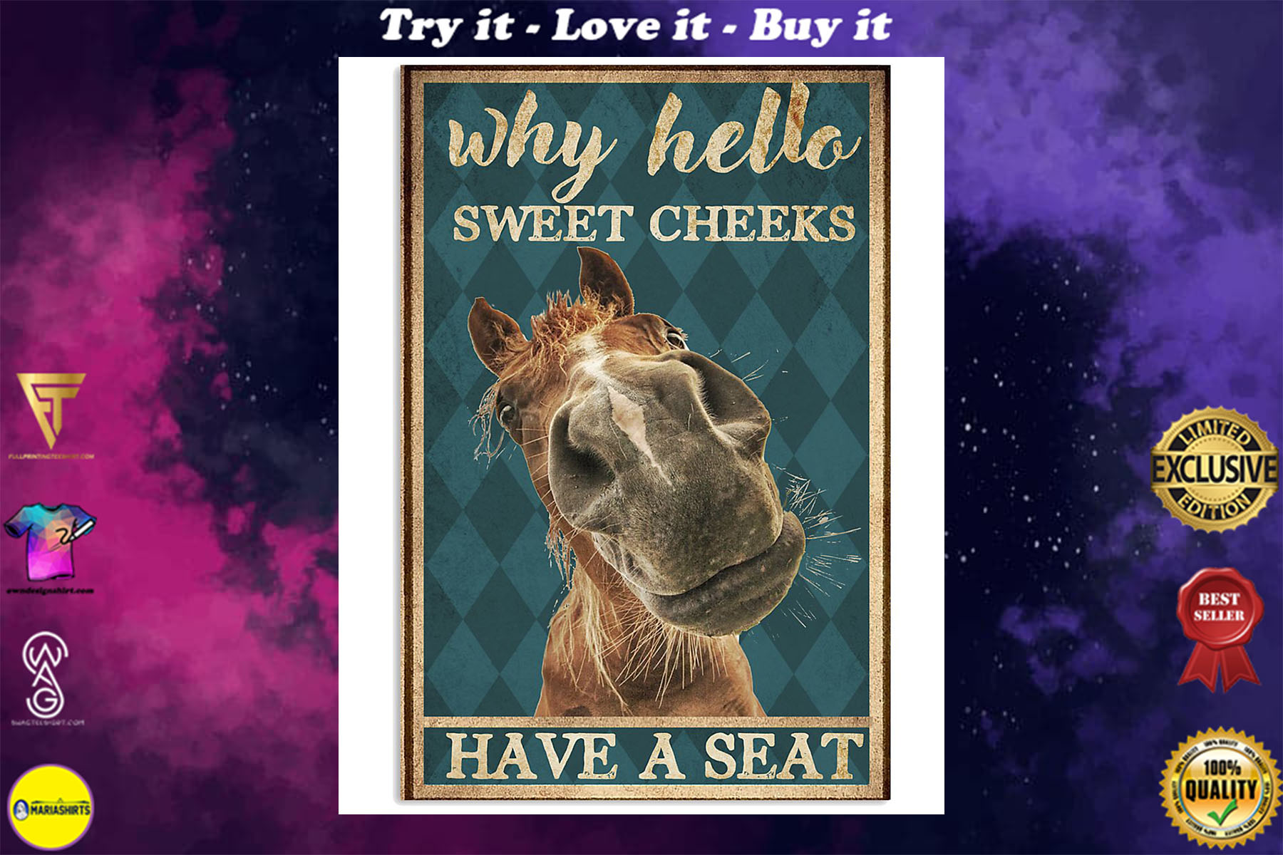 why hello sweet cheeks have a seat horse retro poster