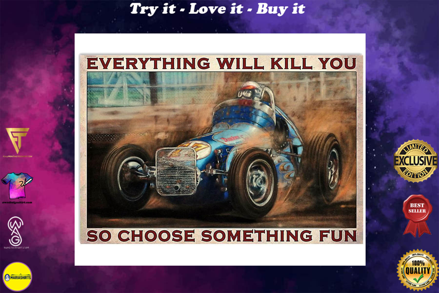 [highest selling price] everything will kill you so choose something fun dirt track racing retro poster