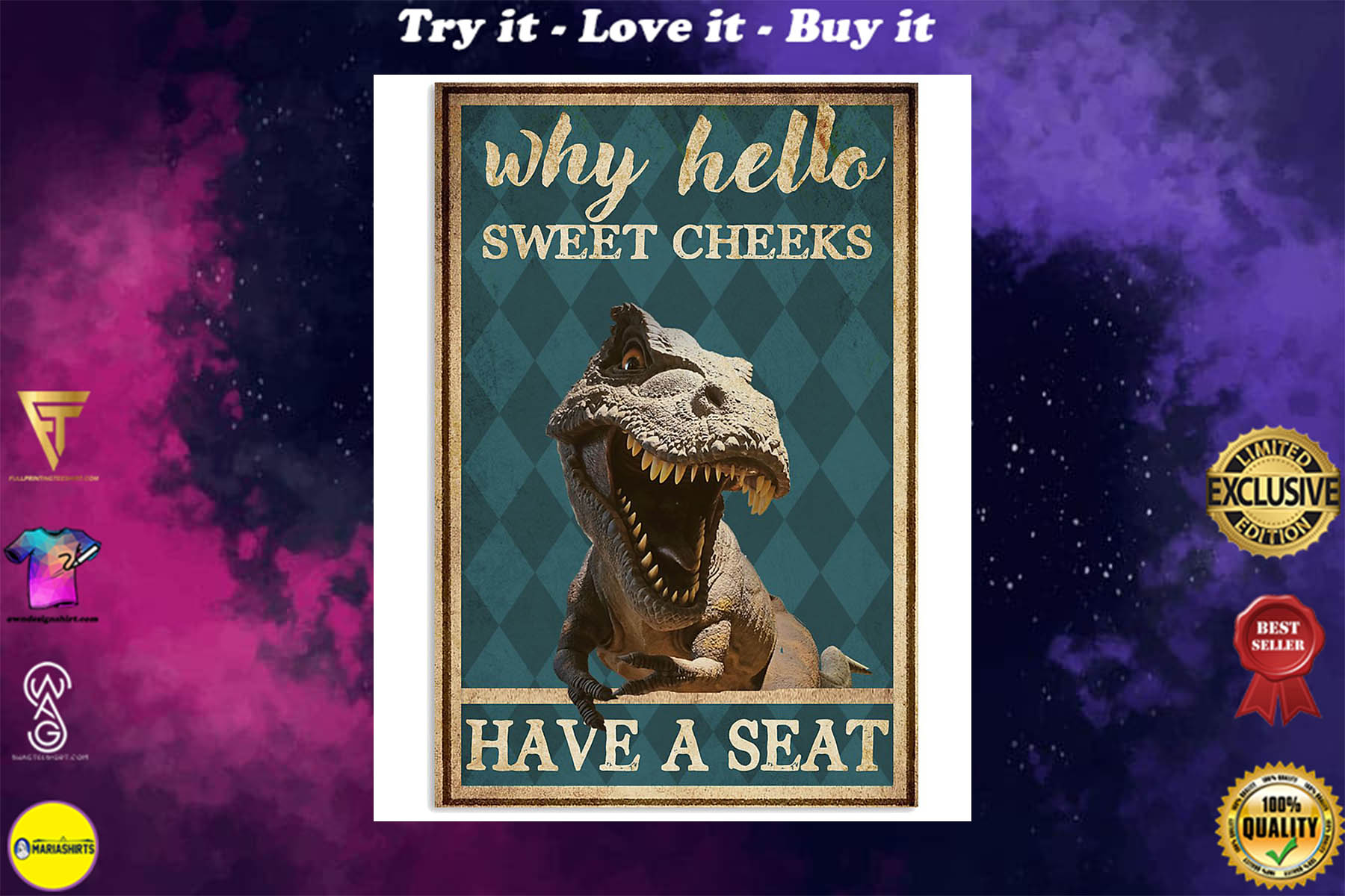 [best selling products] dinosaur why hello sweet cheeks have a seat retro poster