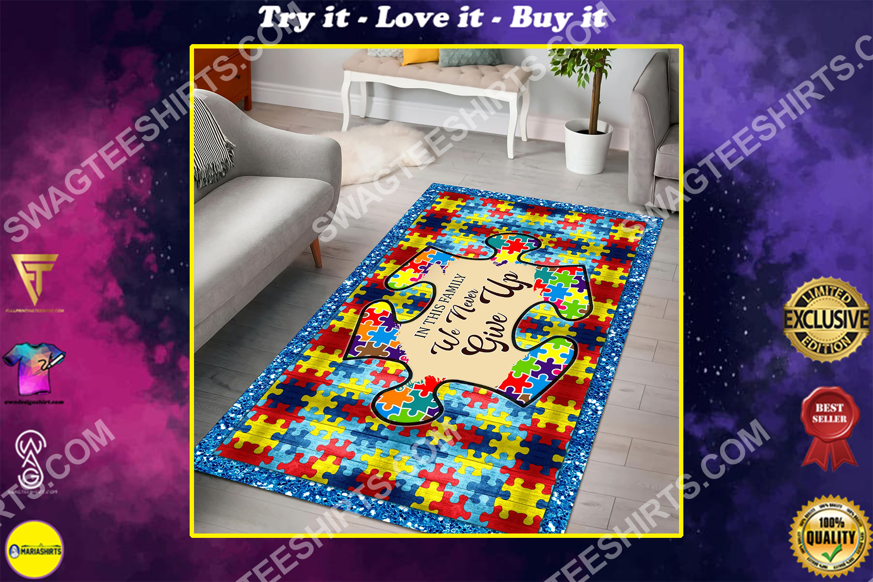 autism awareness in this family we never give up all over printed rug