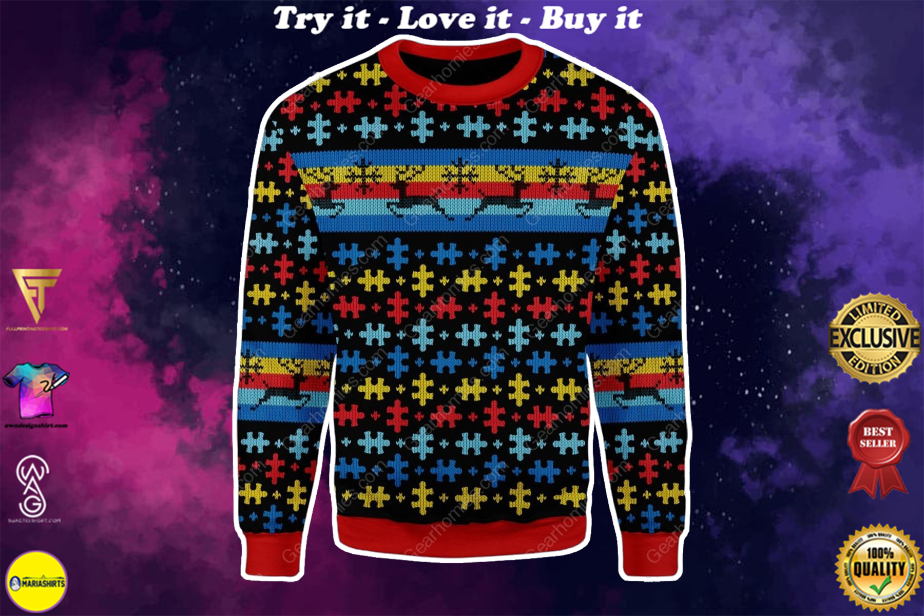 autism awareness reindeer all over printed ugly christmas sweater