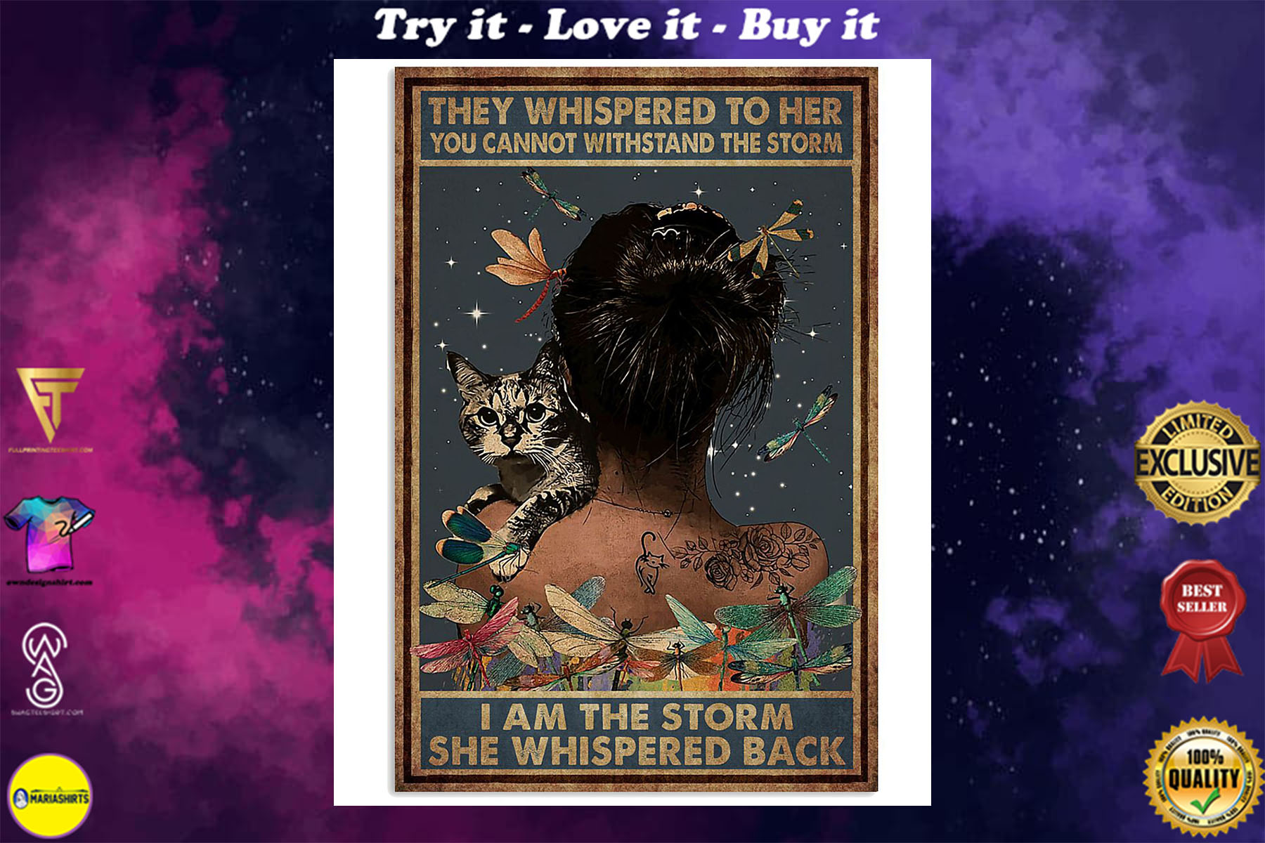 they whispered to her you can't withstand the storm dragonfly and cat retro poster