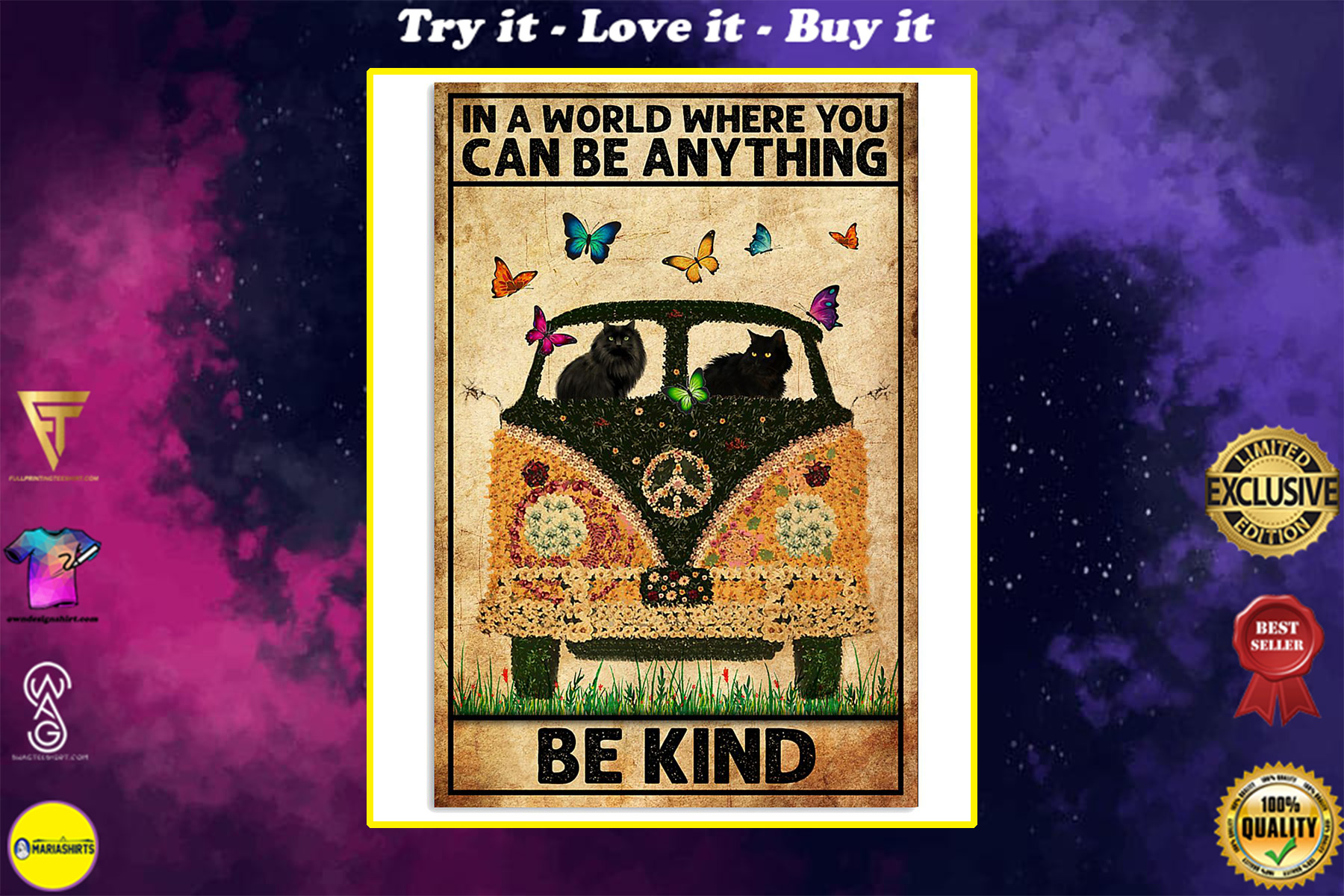 black cat in a world where you can be anything be kind poster