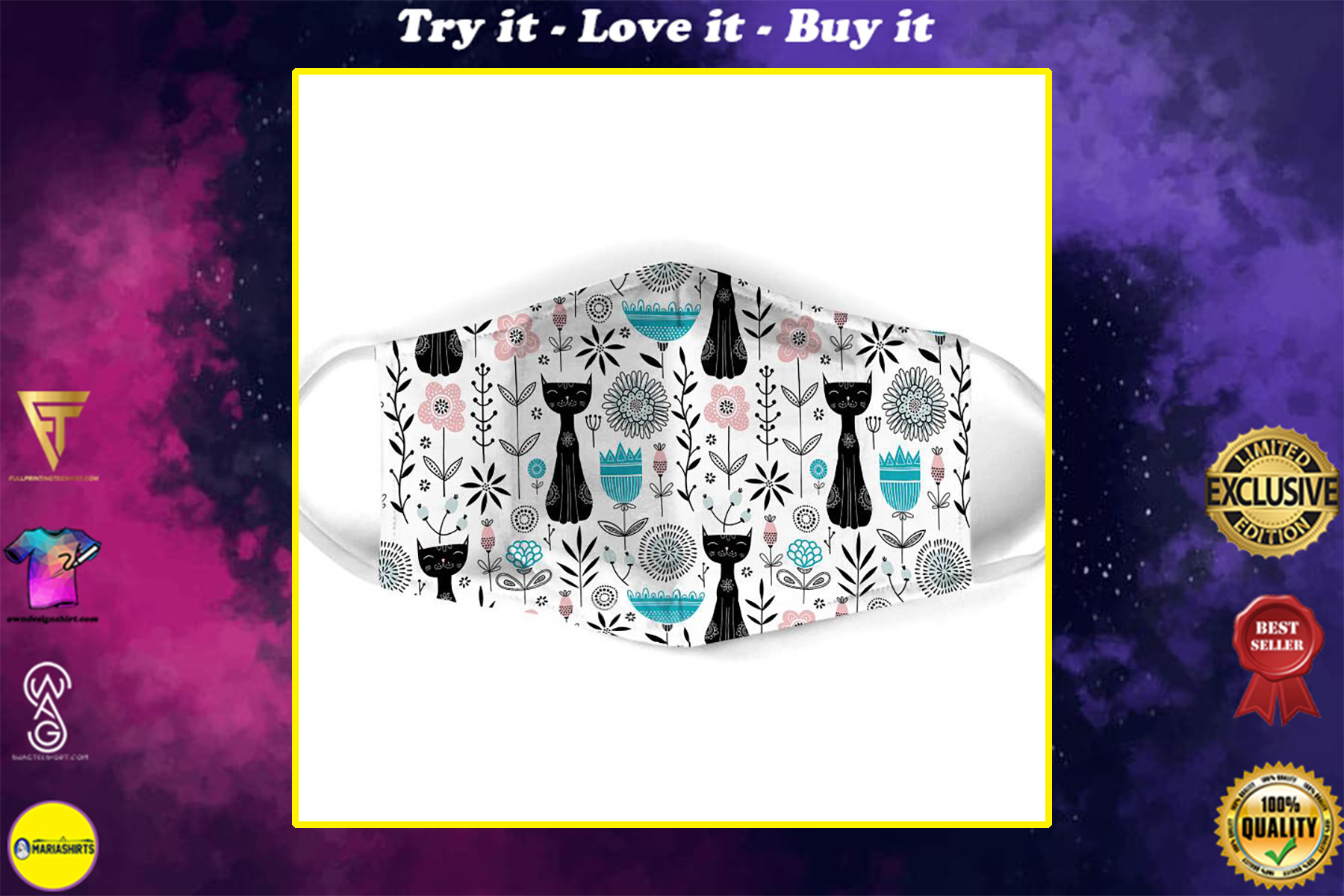 black cat pattern all over print face mask