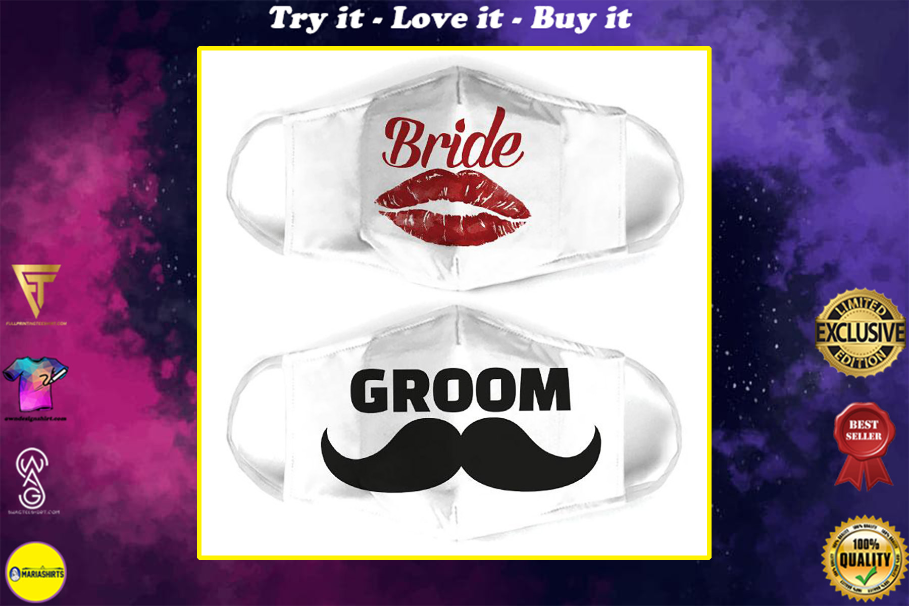 bride and groom for couple love all over print face mask