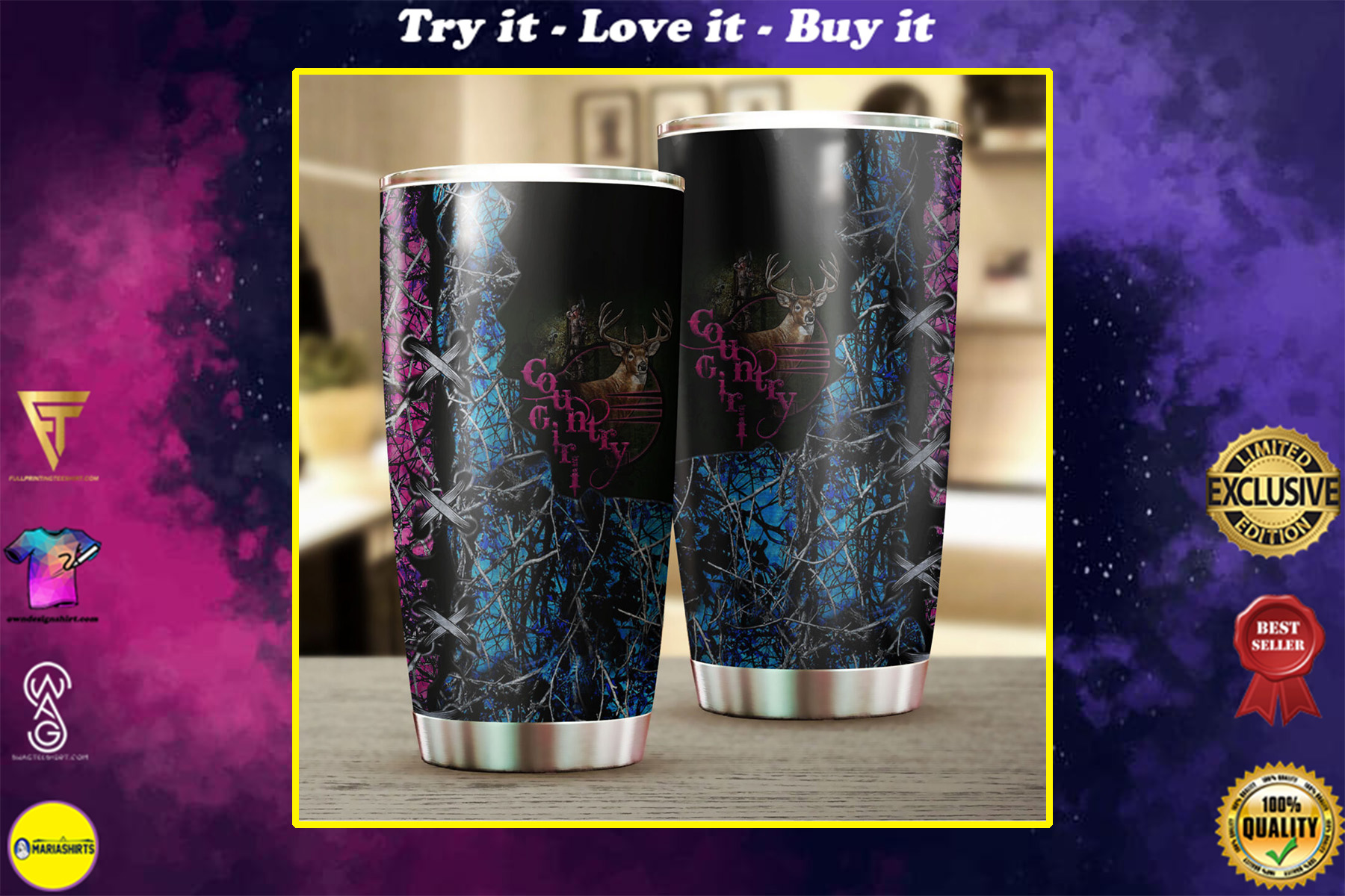 camo country girl hunting all over print stainless steel tumbler