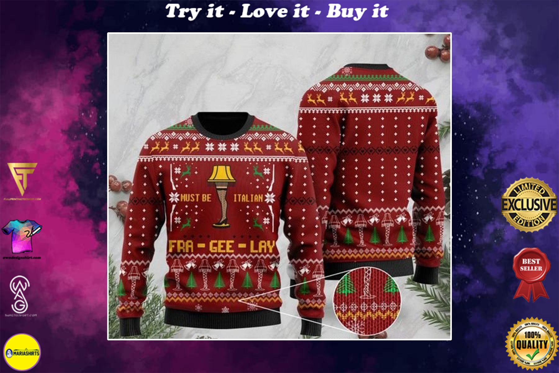 christmas must be italian fra-gee-lay full printing ugly sweater