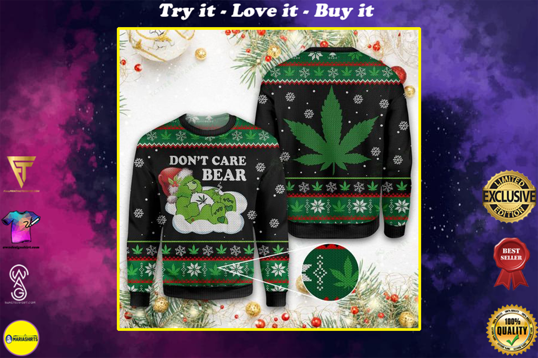 christmas weed dont care bear all over printed ugly christmas sweater