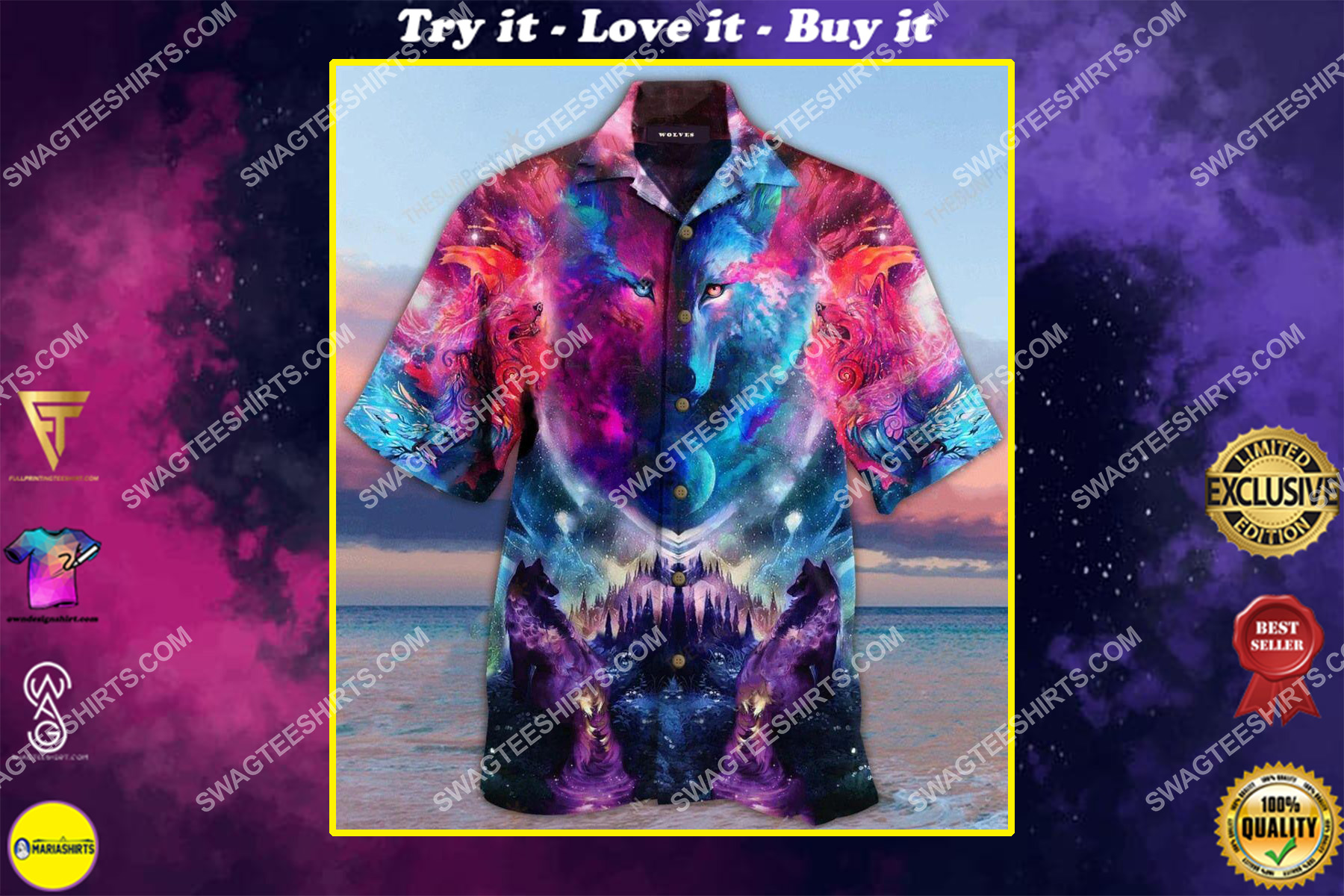 colorful galaxy wolf all over printed hawaiian shirt