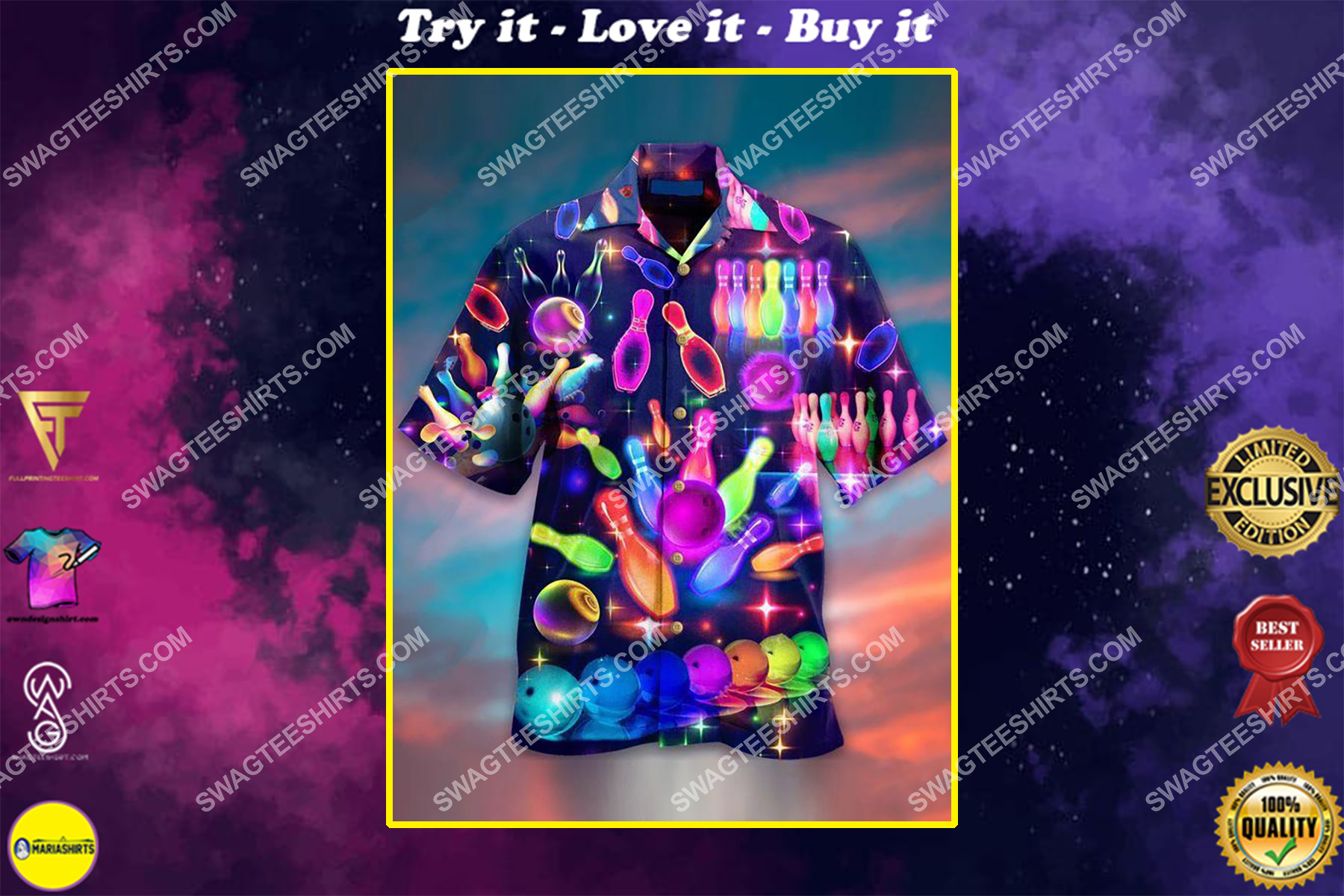 colorful hippie bowling all over printed hawaiian shirt