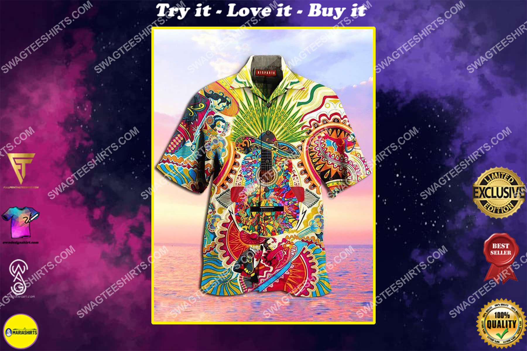 colorful hippie guitar all over printed hawaiian shirt