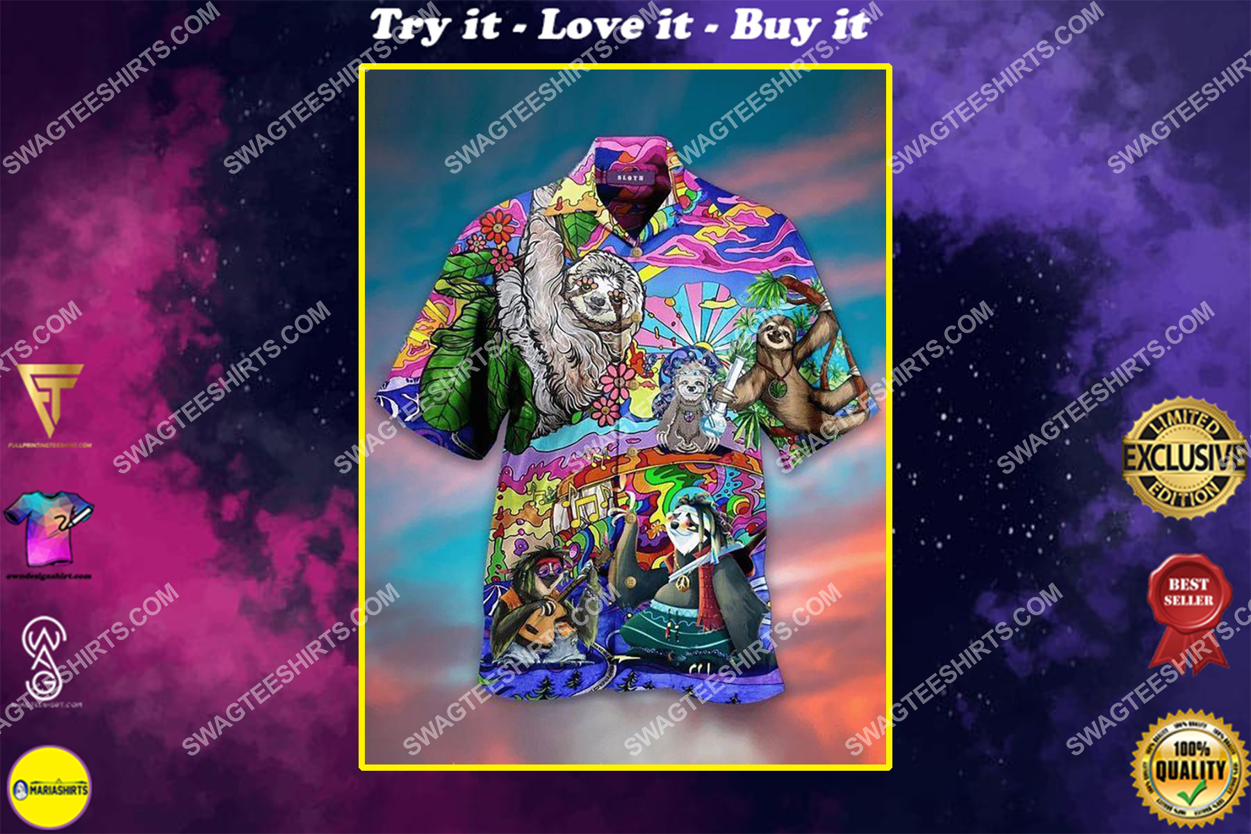 colorful hippie sloth lovers all over printed hawaiian shirt