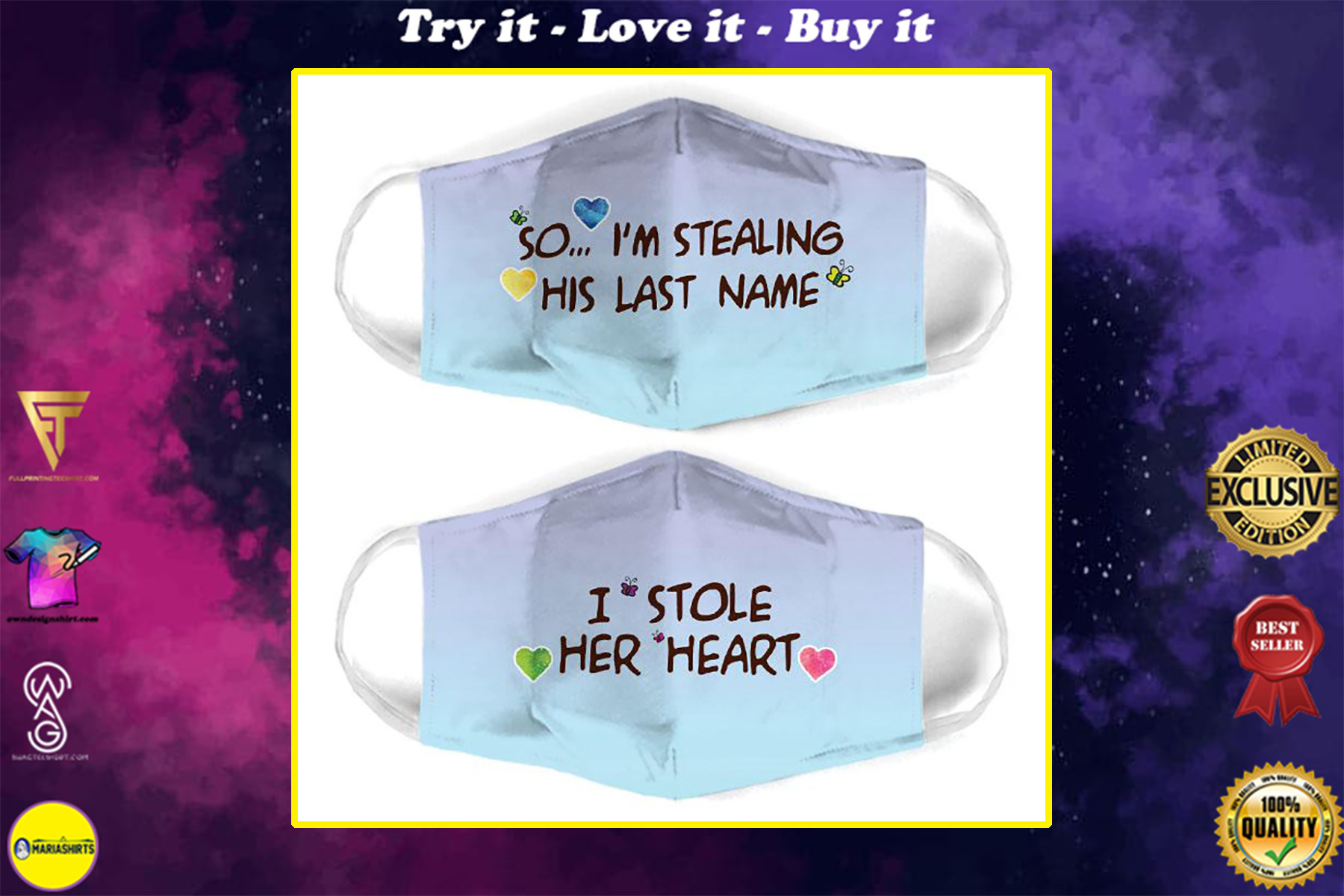 couple love i stole her heart all over print face mask