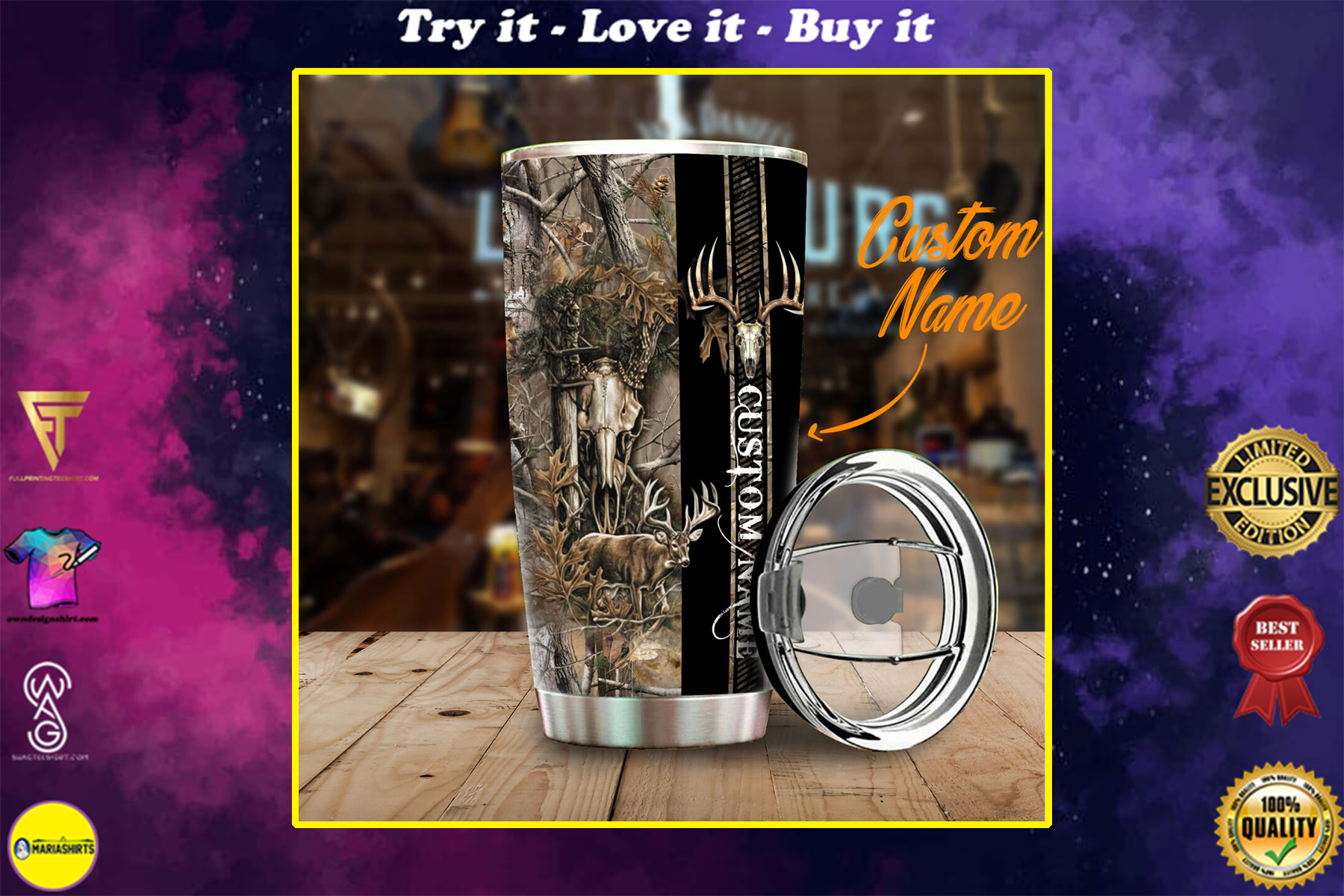 custom your name deer hunting camo all over print stainless steel tumbler