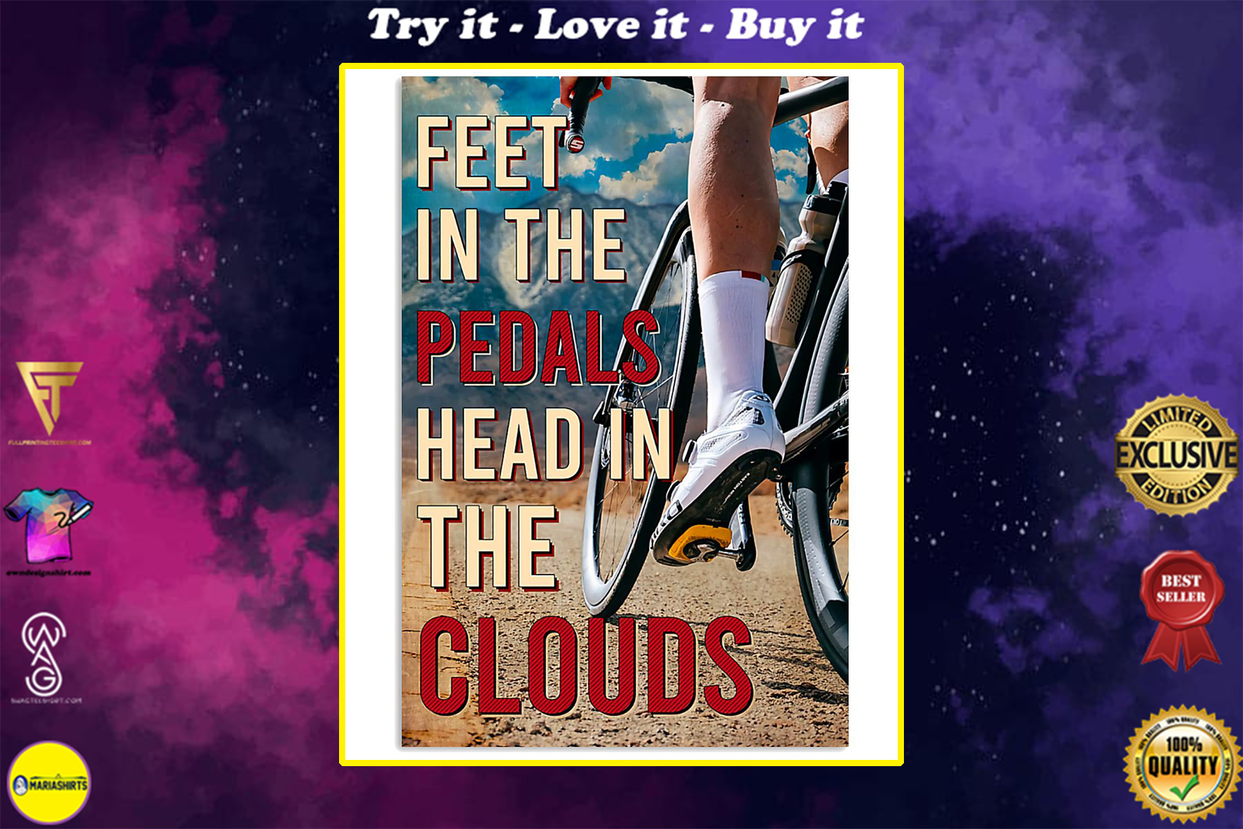 cycling feet in the pedals head in the clouds vintage poster