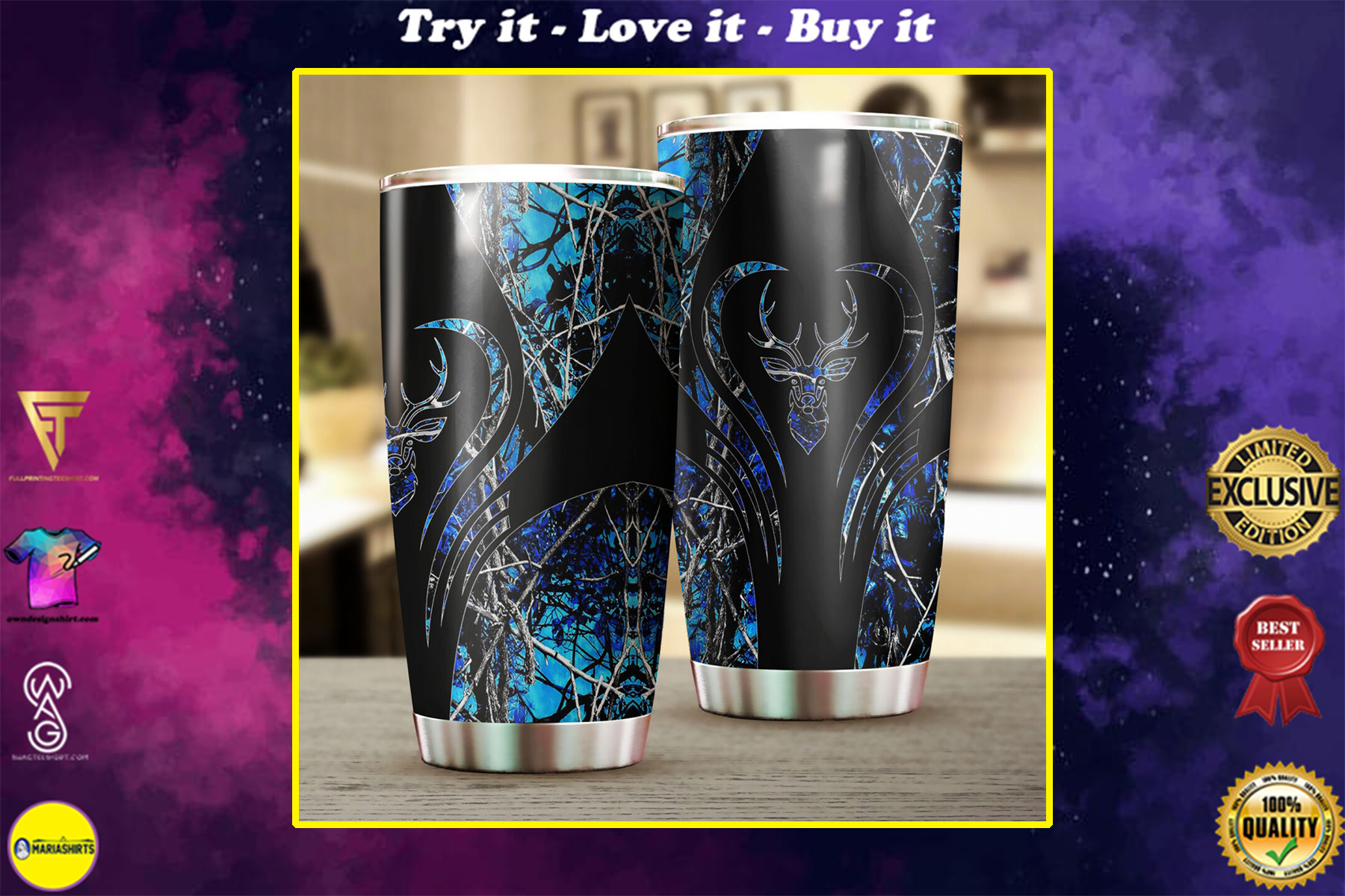 deer hunting camo blue heart all over print stainless steel tumbler