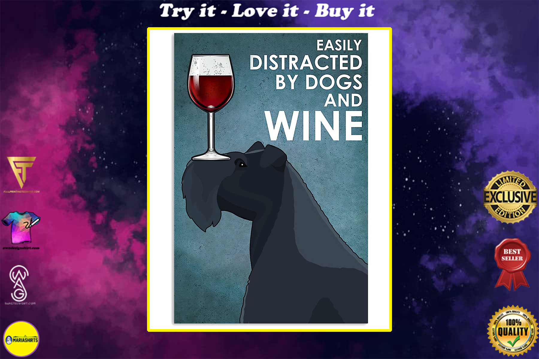 dog kerry blue terrier easily distracted by dogs and wine poster