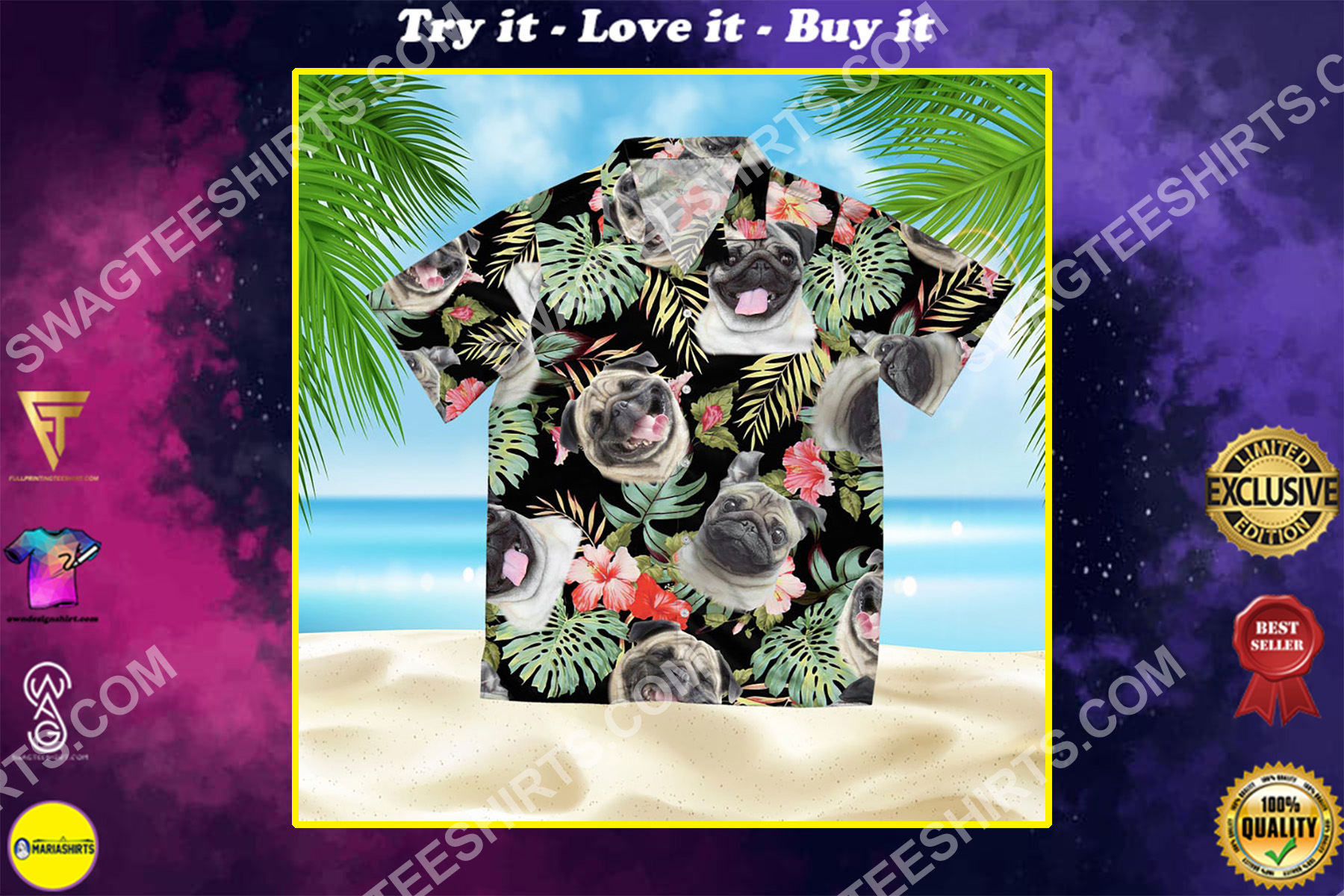 dog lover pug summer vacation all over print hawaiian shirt