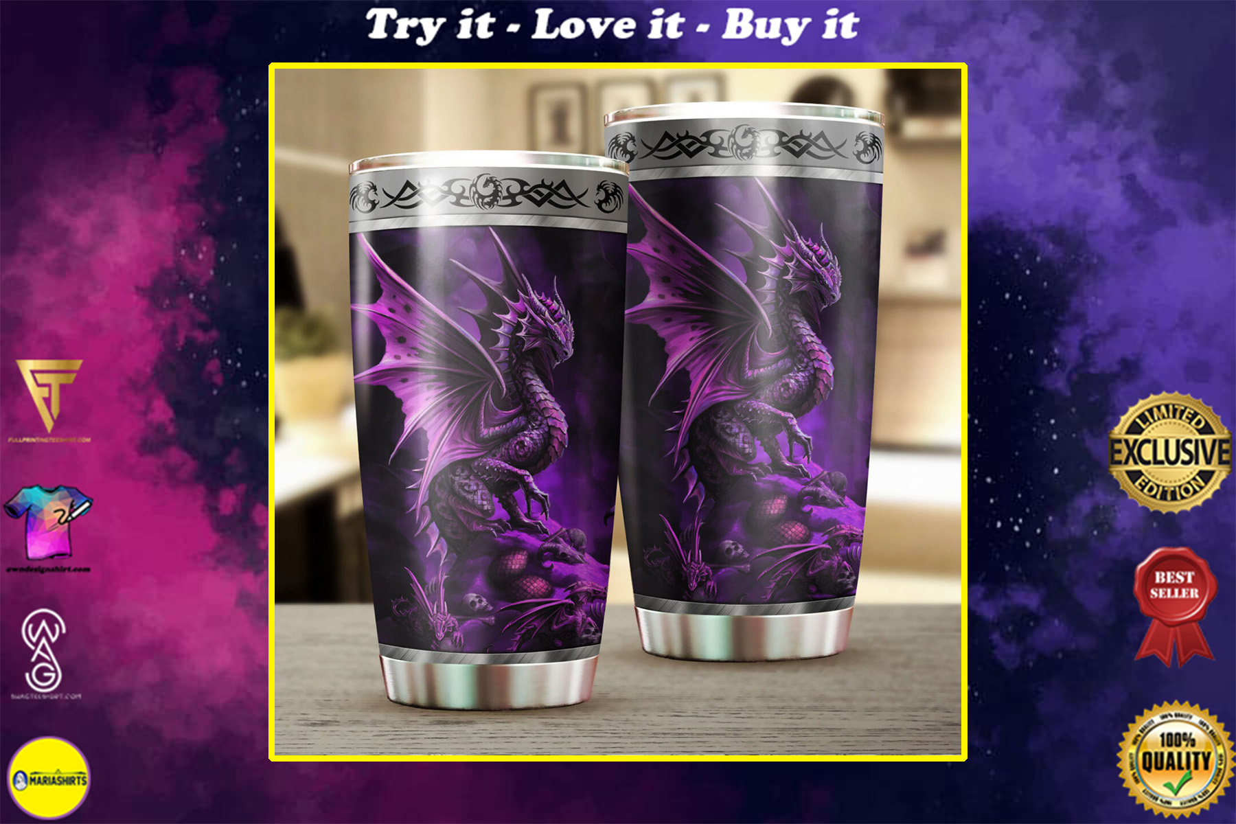 dragon purple all over print stainless steel tumbler
