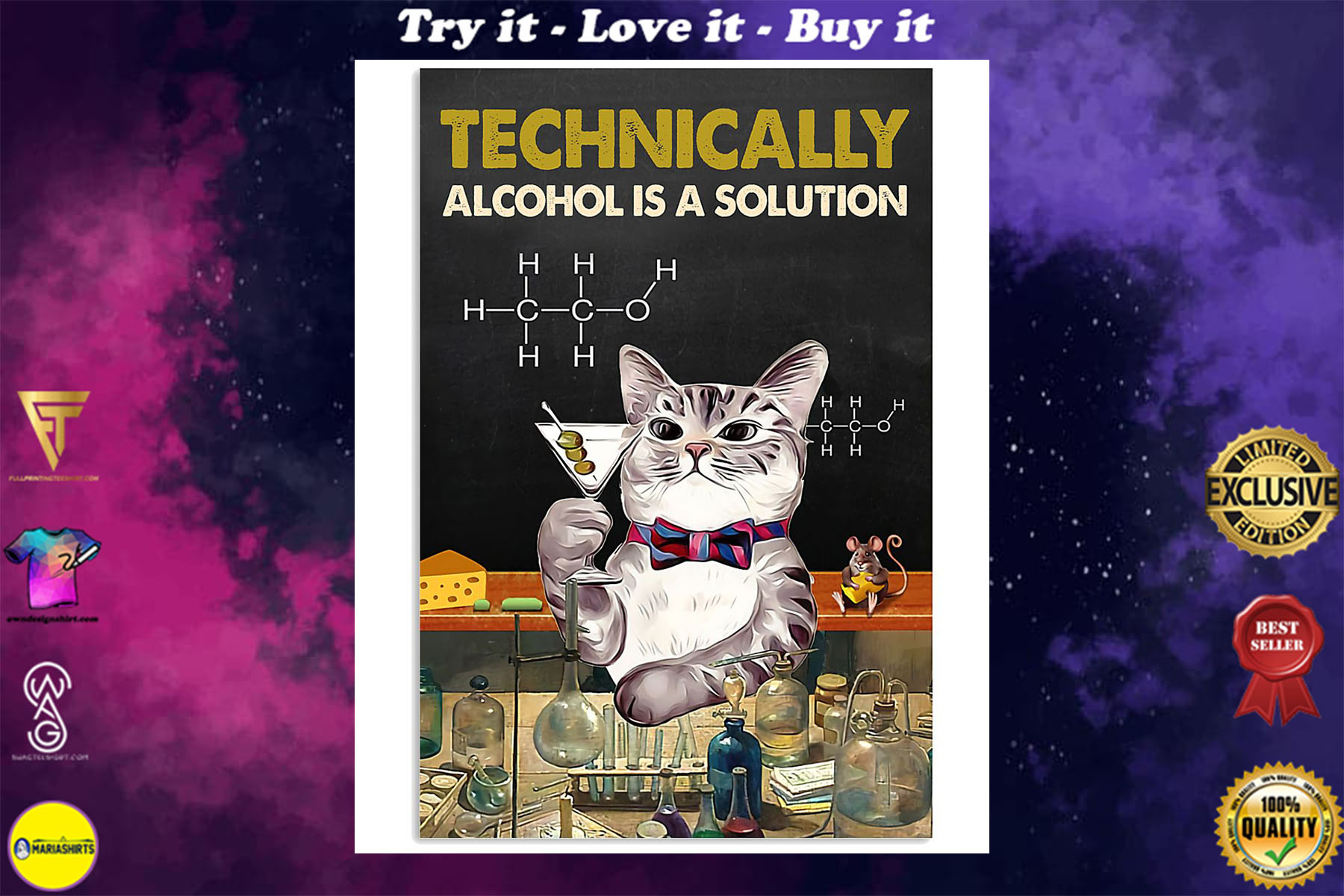 technically alcohol is a solution cat retro poster